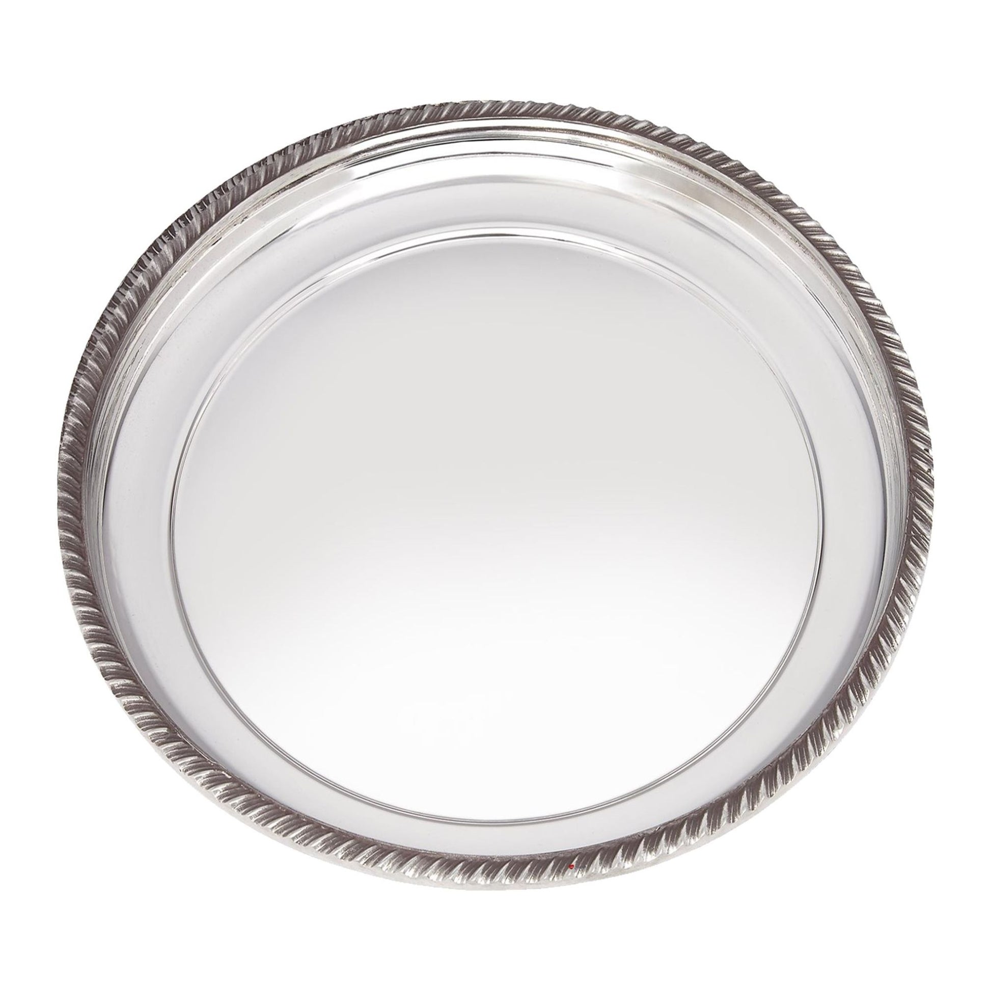 Silver round tray with decorative rim on a white background