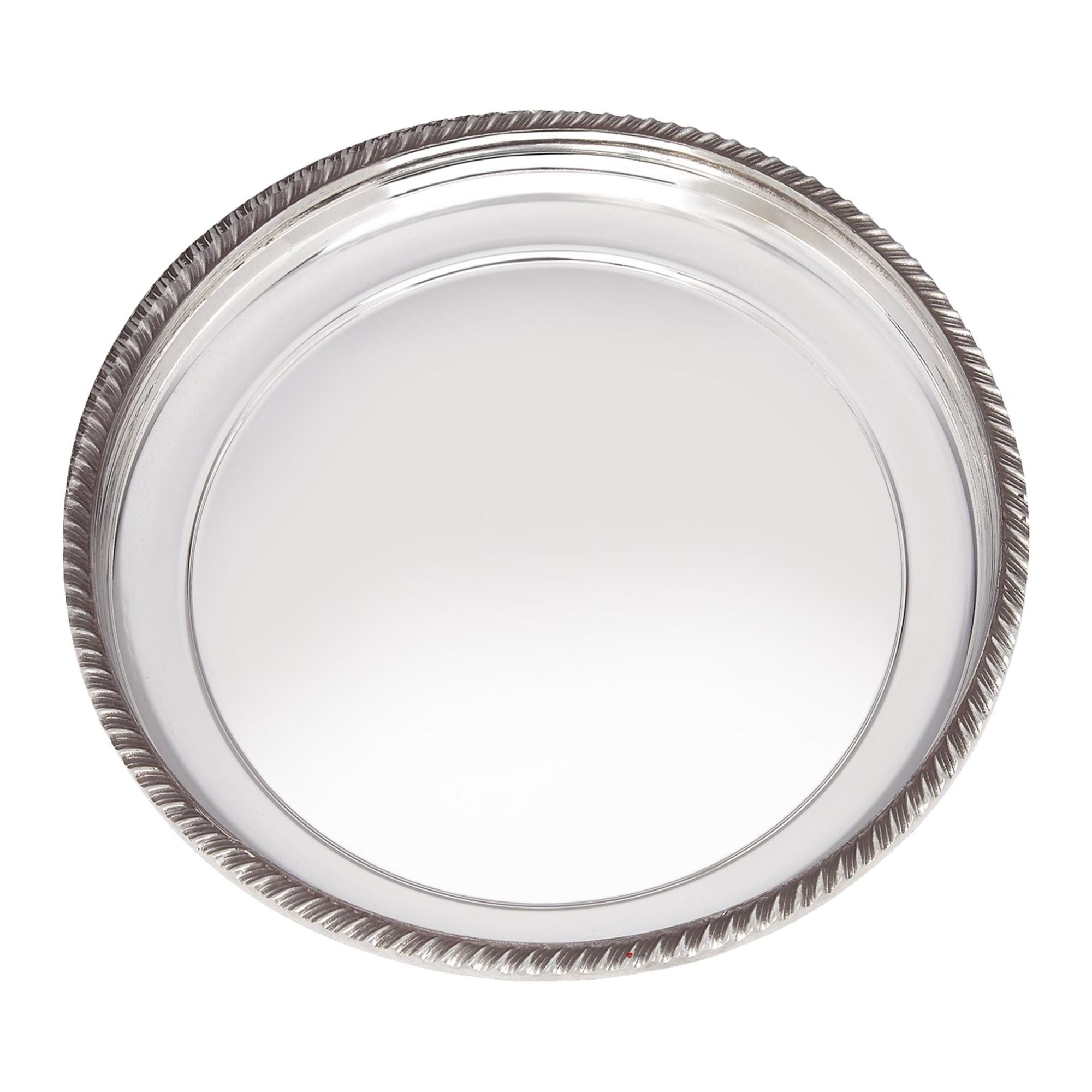 Silver round tray with decorative rim on a white background