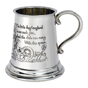 Silver tankard with engraved text and illustrations on a white background