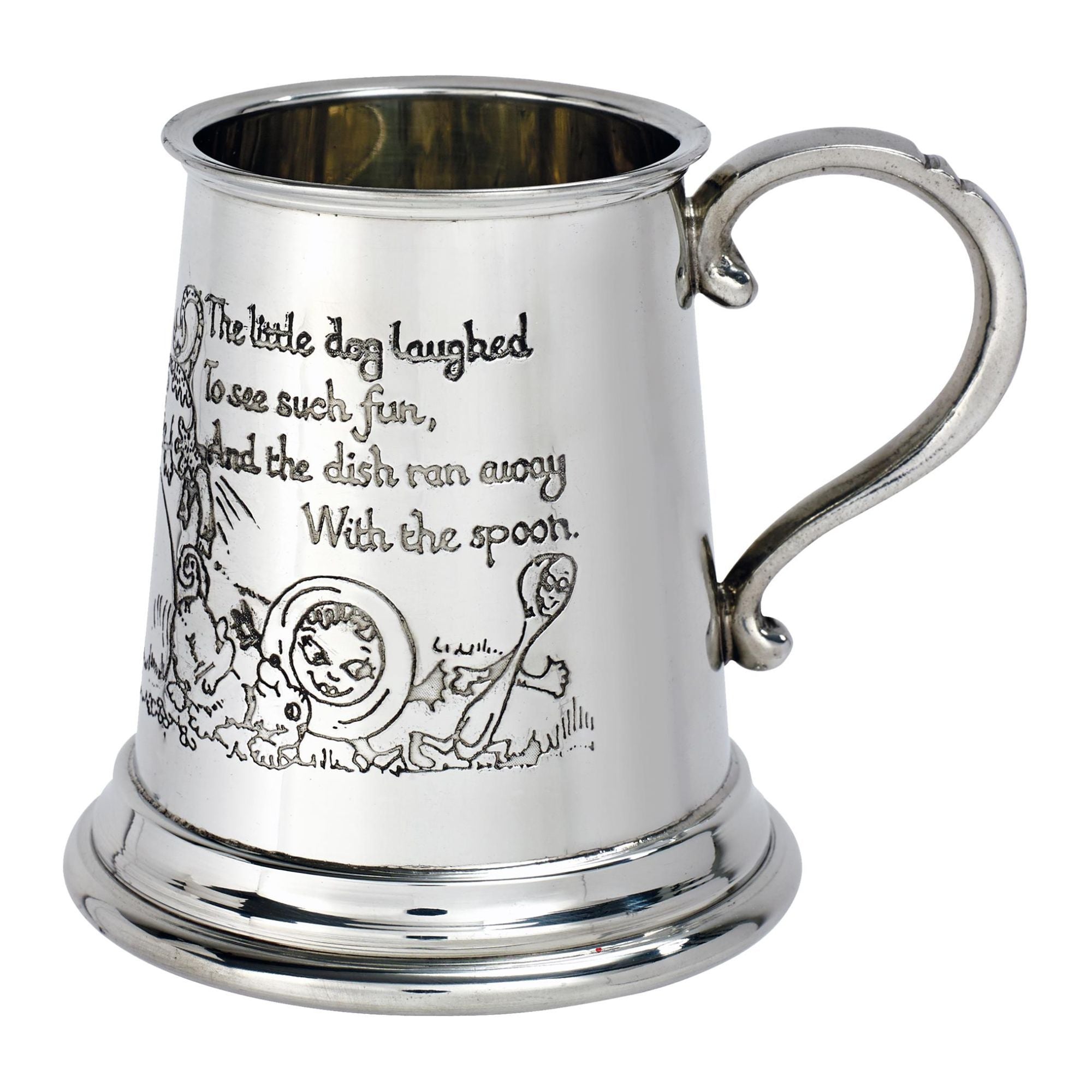 Silver tankard with engraved text and illustrations on a white background