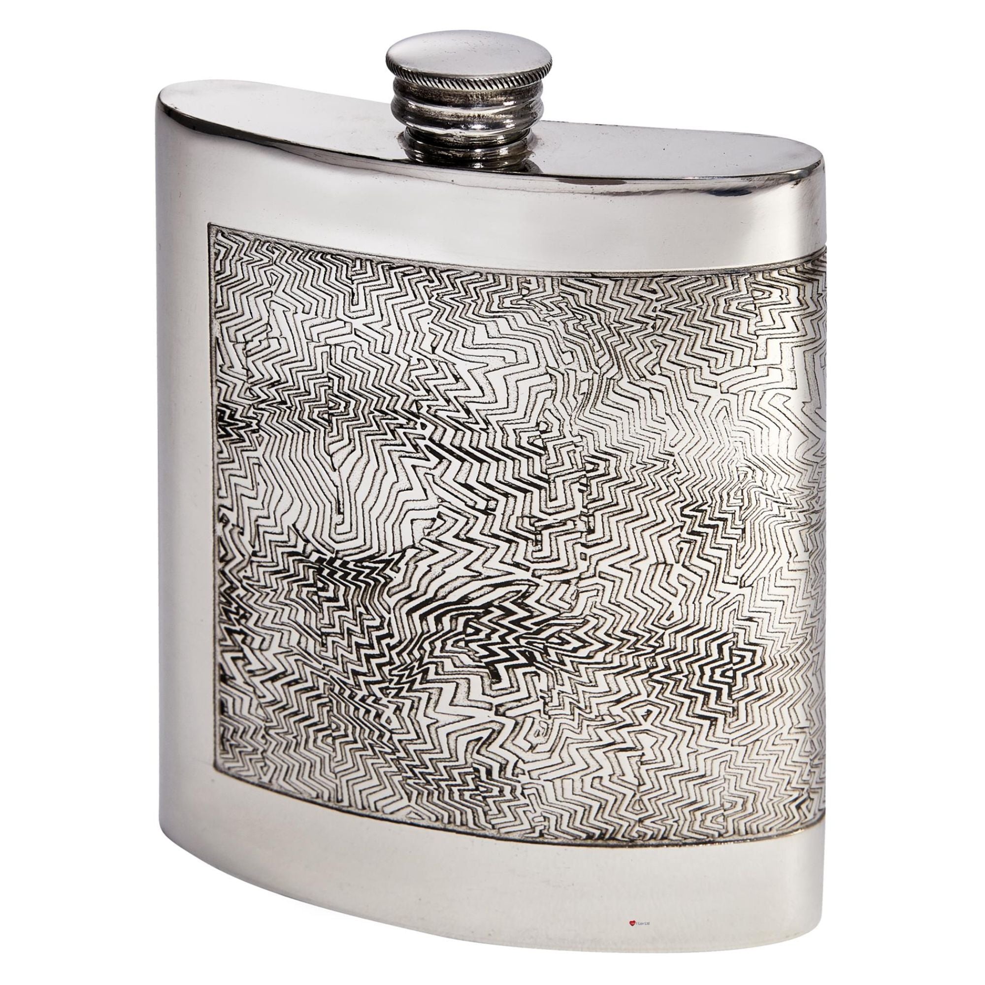 Silver hip flask with a geometric pattern on a white background