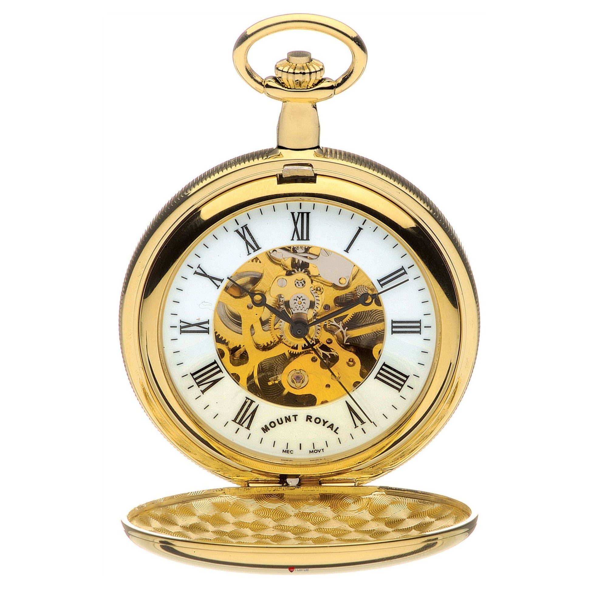 Gold pocket watch with visible mechanism on a white background