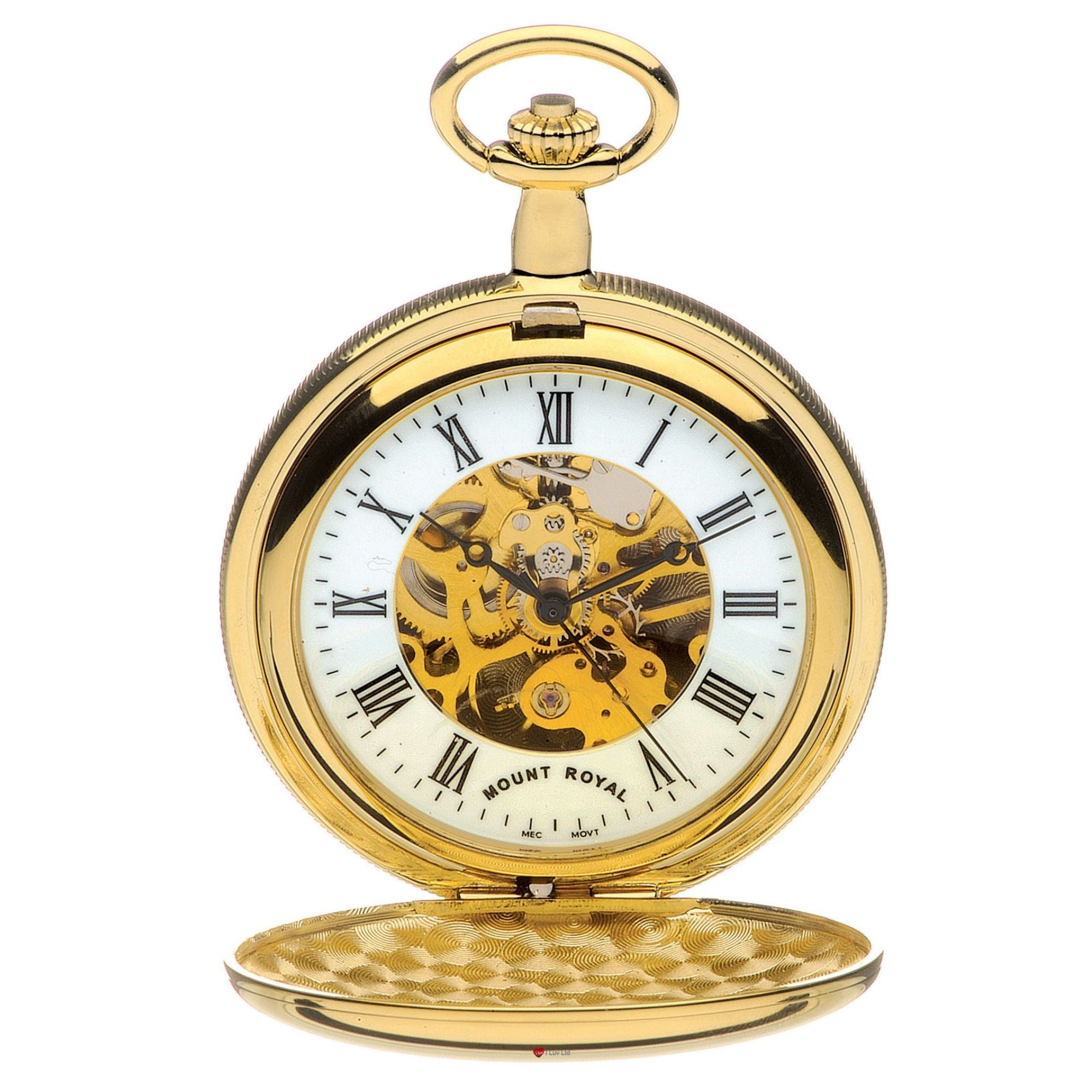 Gold pocket watch with visible mechanism on a white background