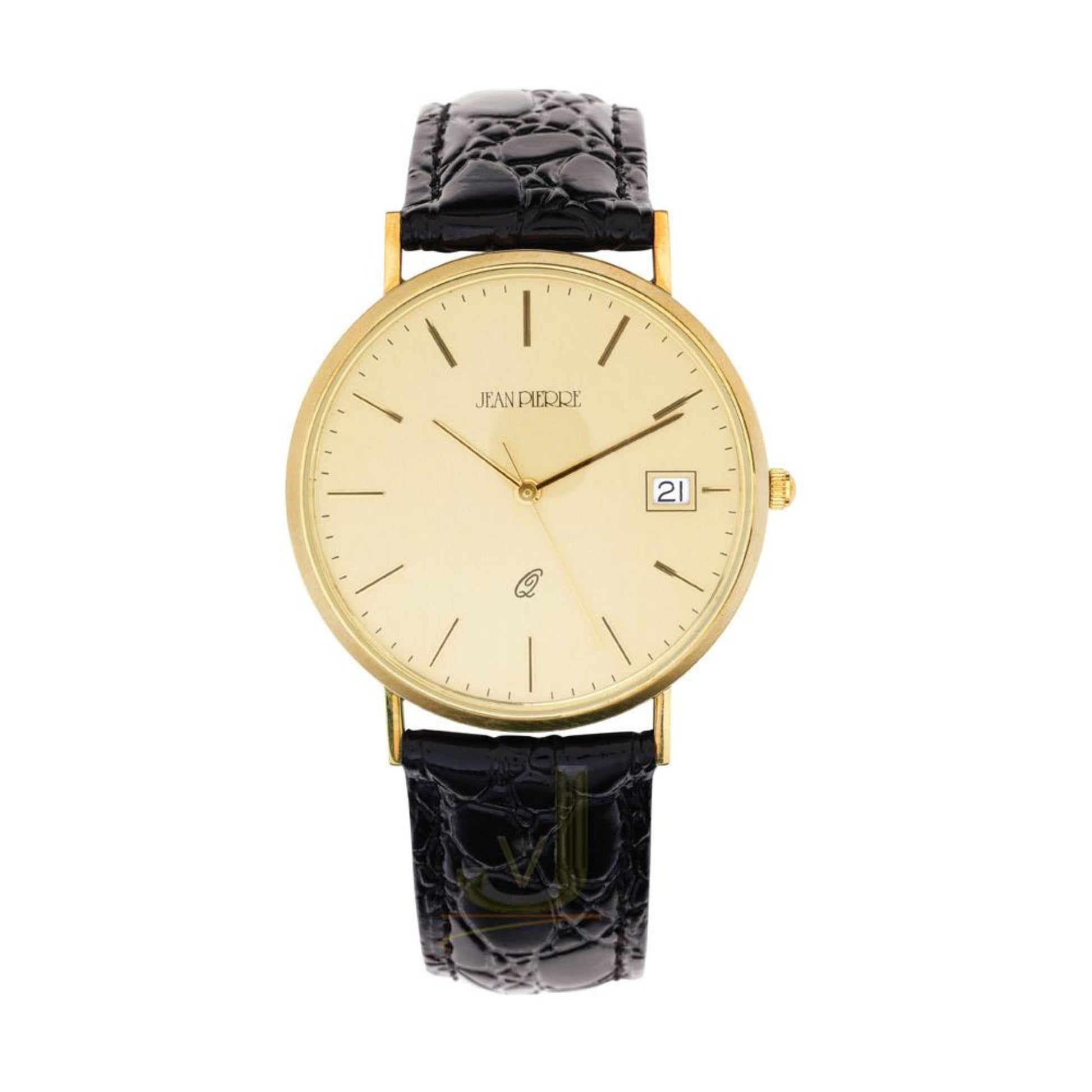 Gold watch with black leather strap on a white background