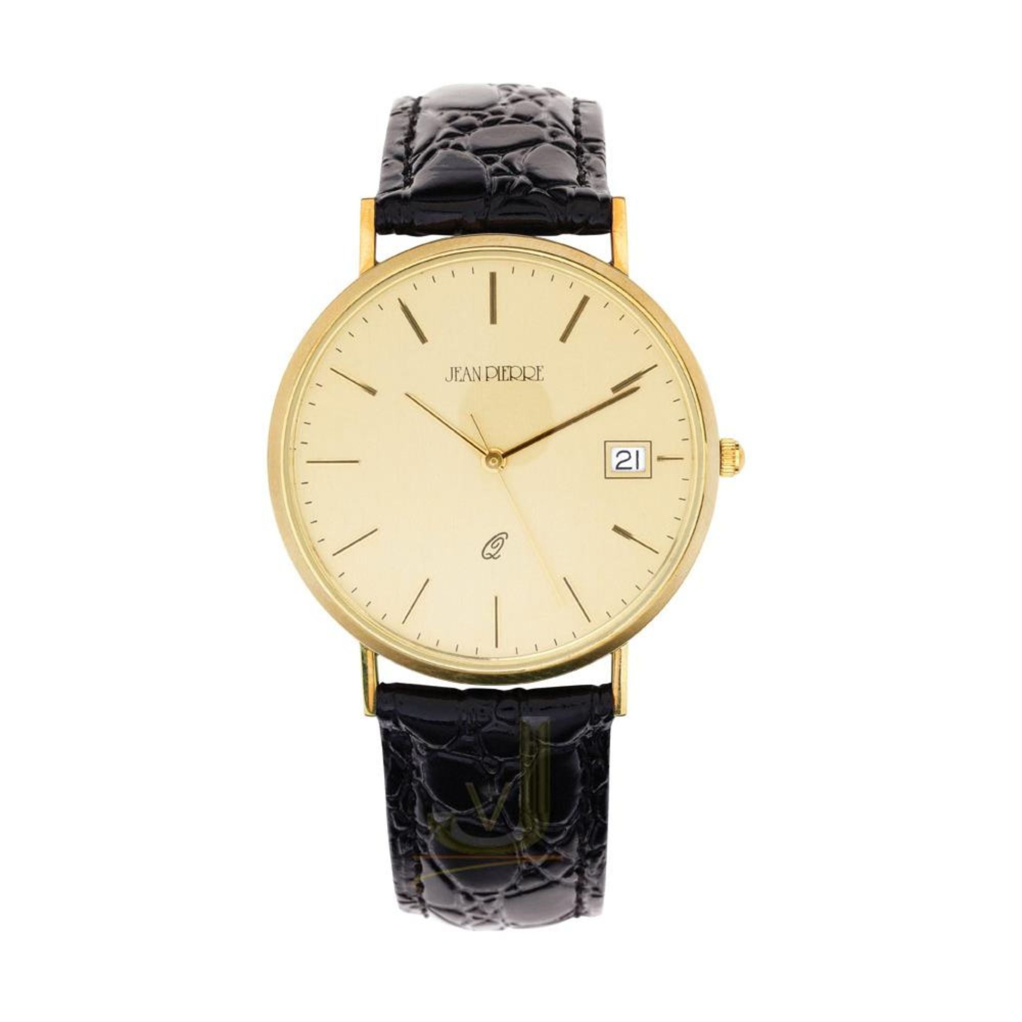 Gold watch with black leather strap on a white background
