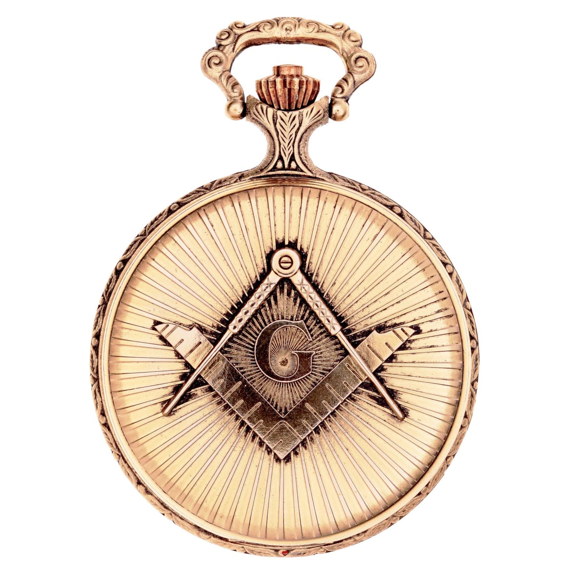 Bronze pocket watch with Masonic design on a white background