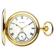 Gold pocket watch with white face and Roman numerals on a white background