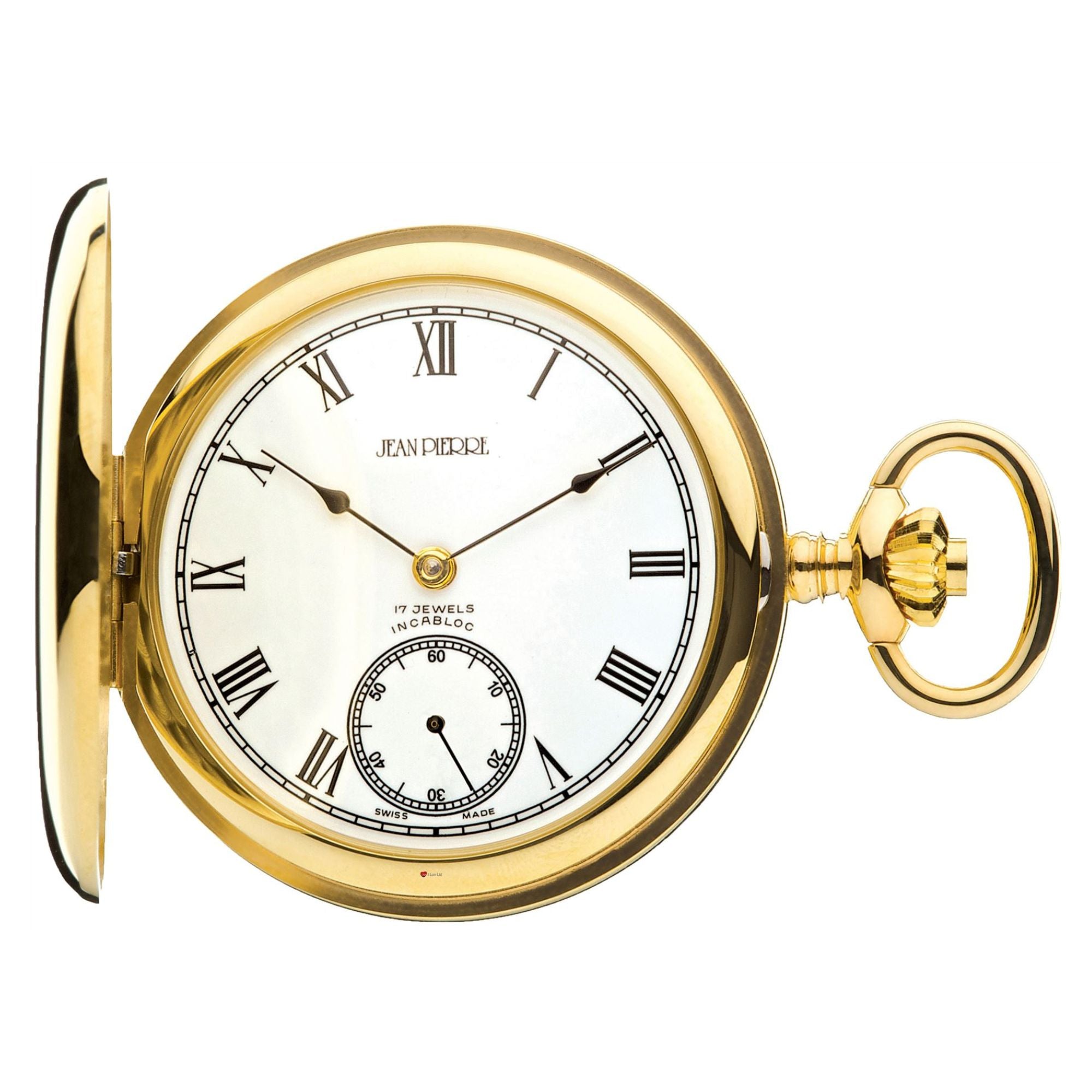 Gold pocket watch with white face and Roman numerals on a white background