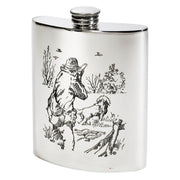 Silver flask with hunting scene engraving on a white background