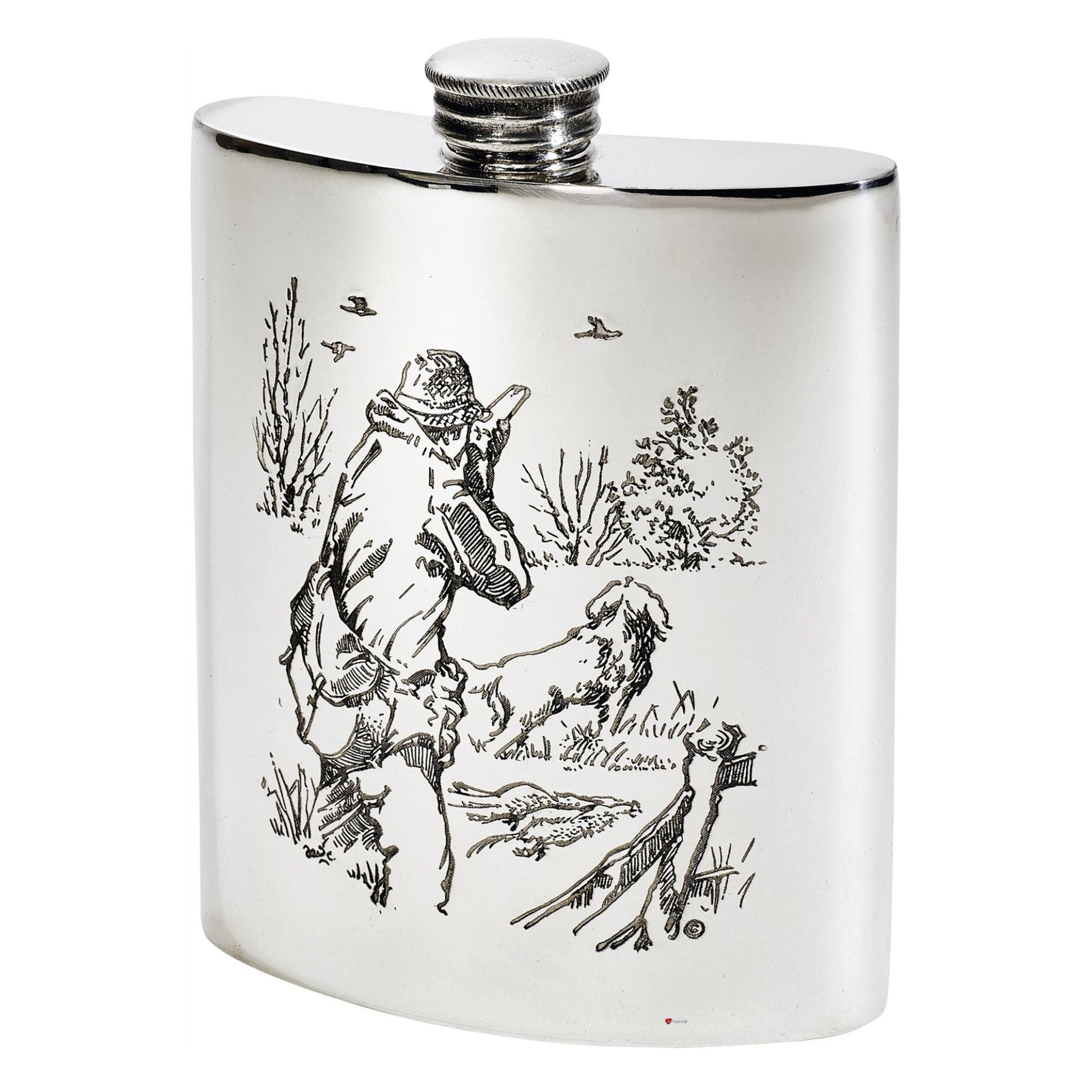 Silver flask with hunting scene engraving on a white background