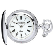Silver pocket watch with white face and Roman numerals on a white background