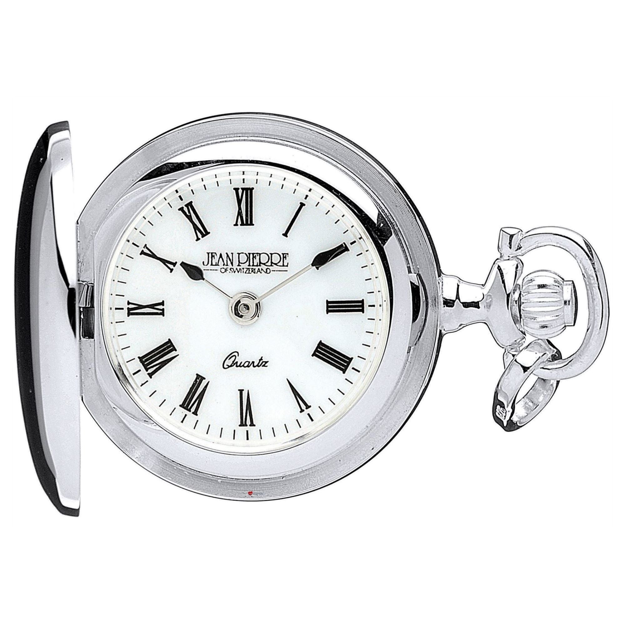 Silver pocket watch with white face and Roman numerals on a white background