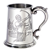 Silver tankard with engraved design of a man with a bow and arrow on a white background
