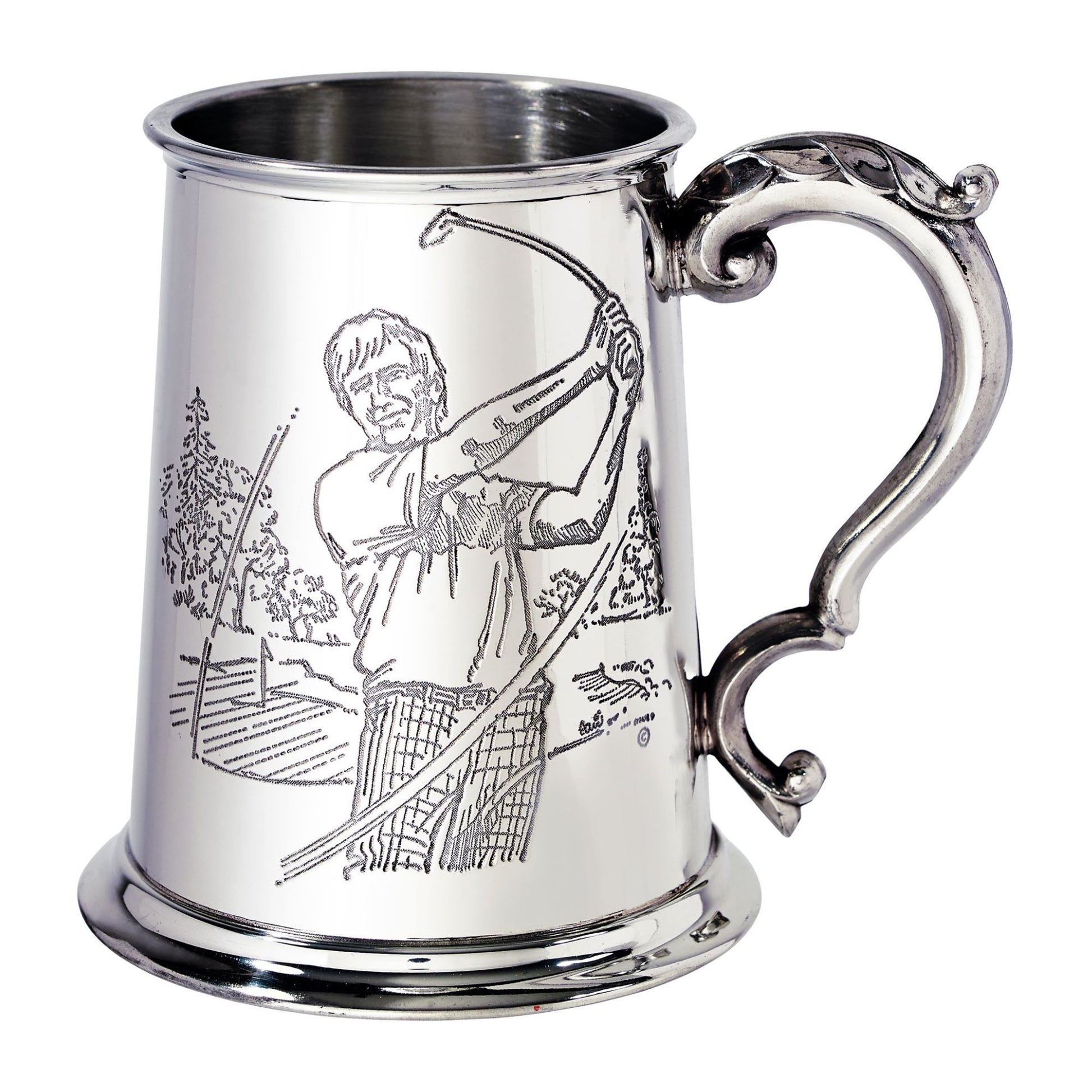 Silver tankard with engraved design of a man with a bow and arrow on a white background