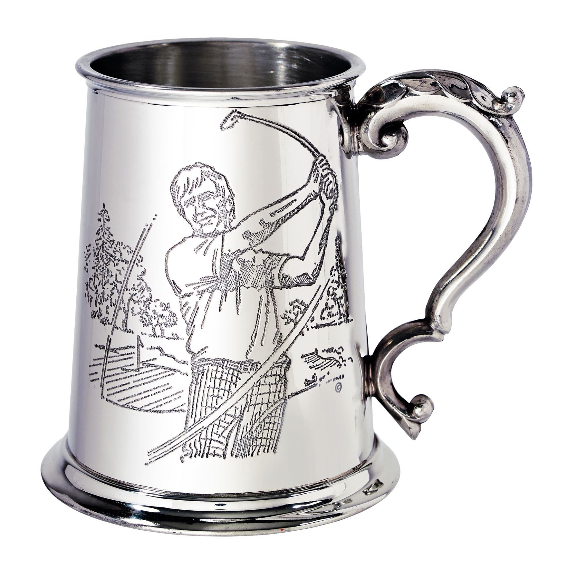 Silver tankard with engraved design of a man with a bow and arrow on a white background