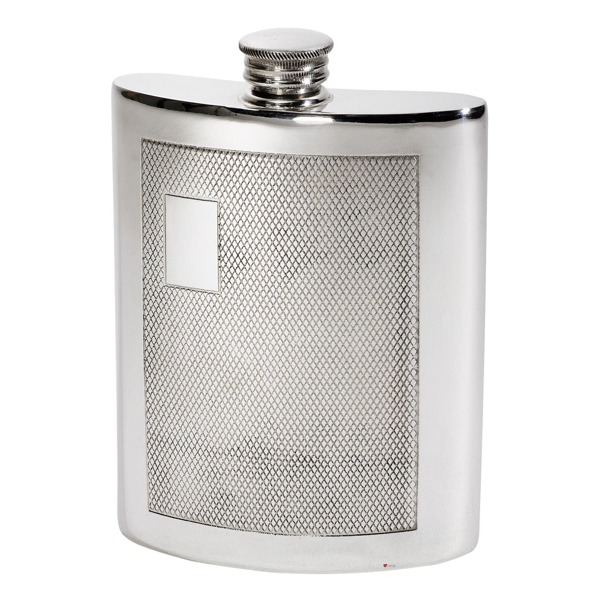 Silver hip flask with textured surface on a white background