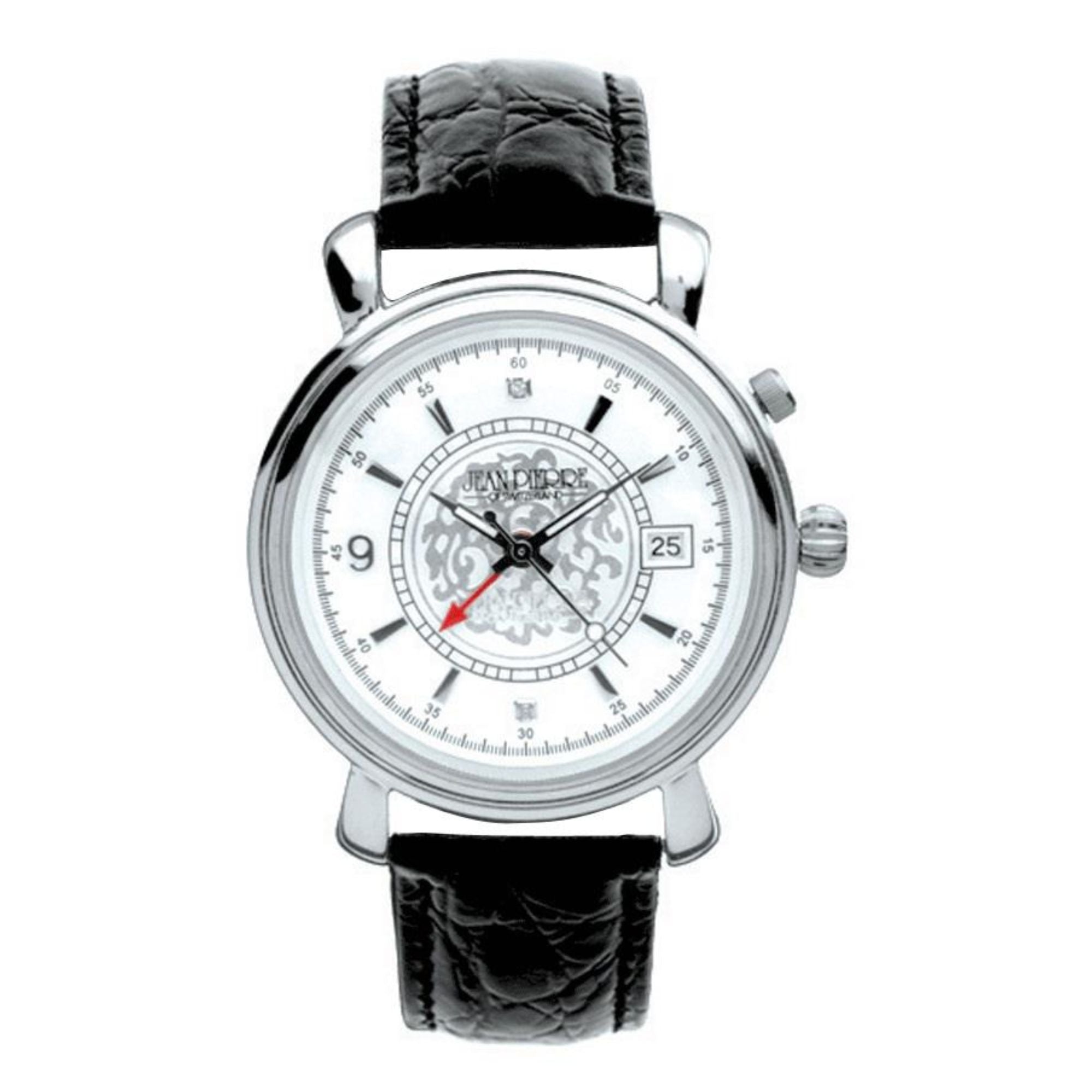Watch with black leather strap and white face on a white background