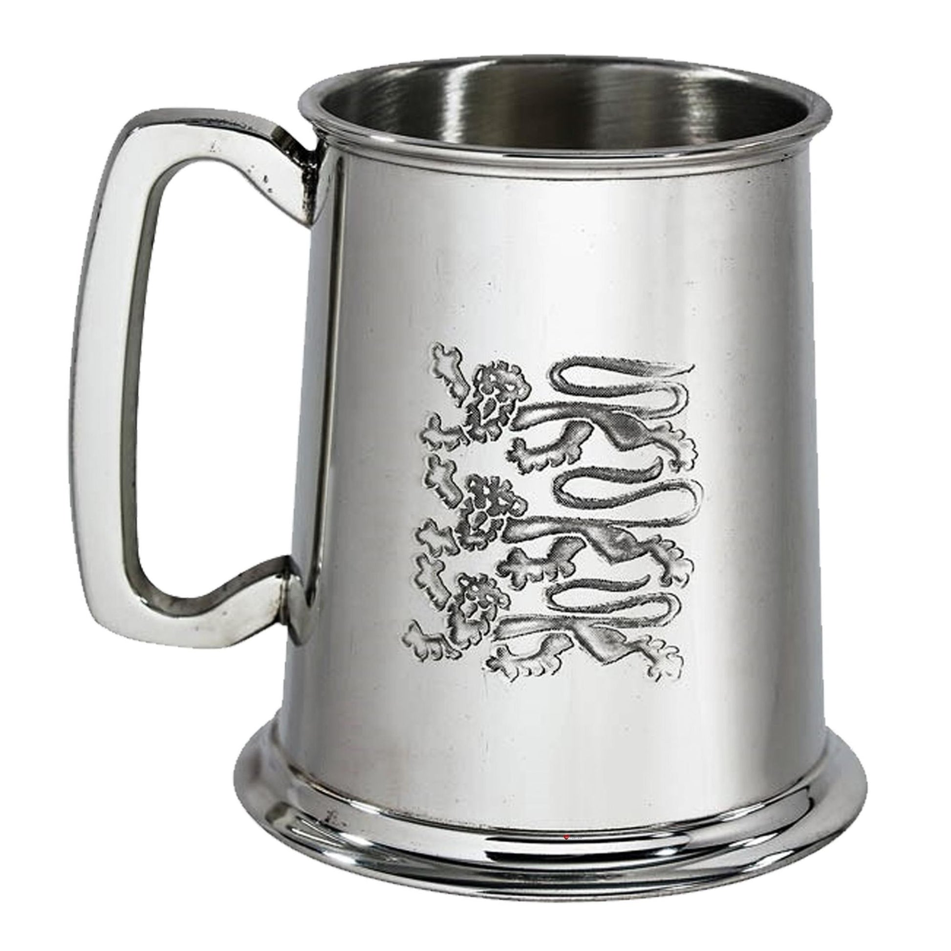 Silver tankard with engraved design on a white background