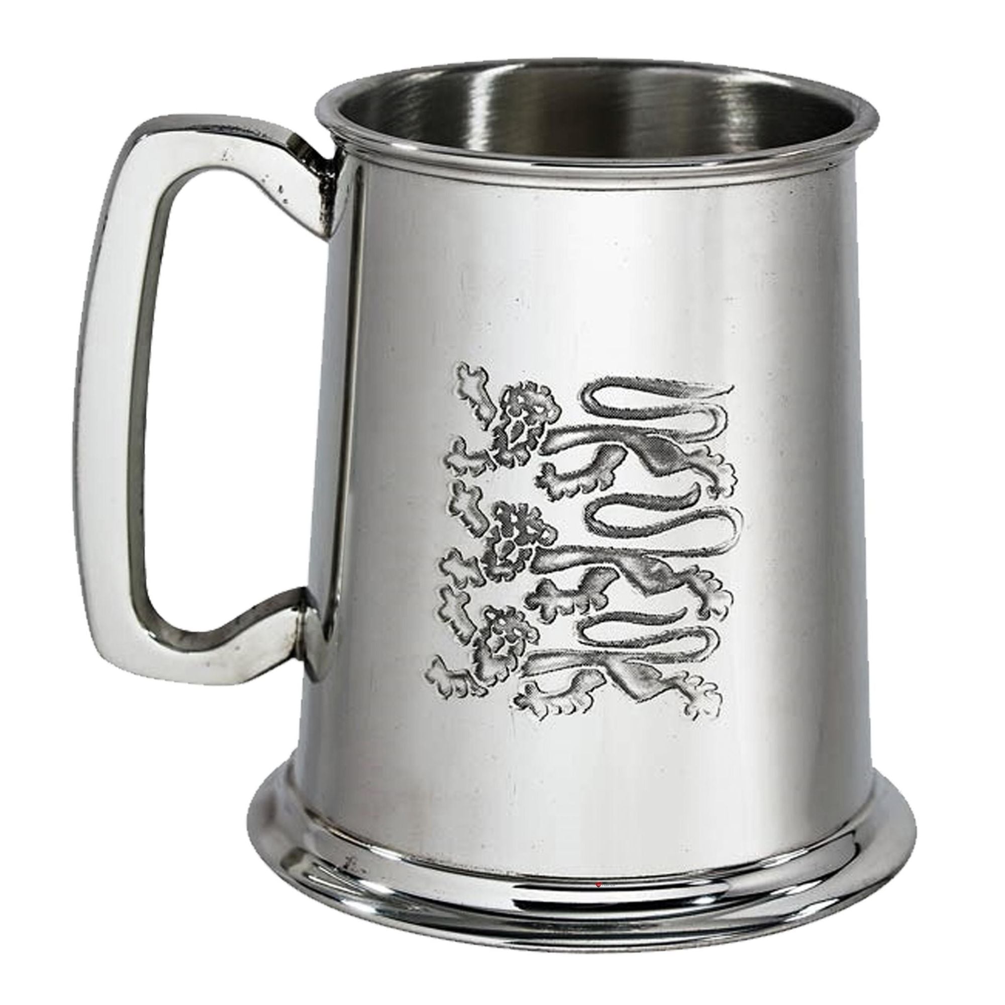 Silver tankard with engraved design on a white background