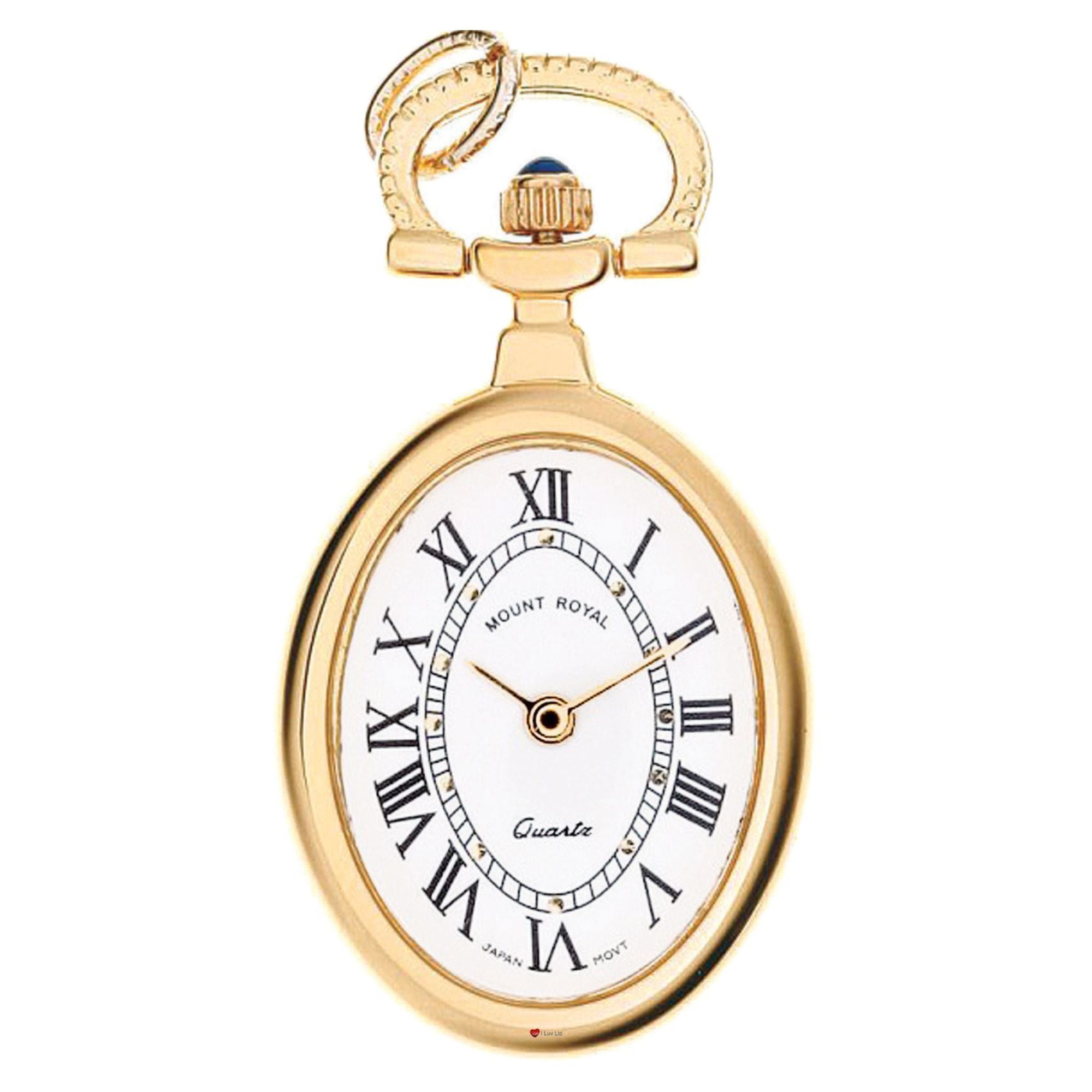 Classic Pendant Fob Watch Open Face Oval Gold Finish Roman Numerals Quartz