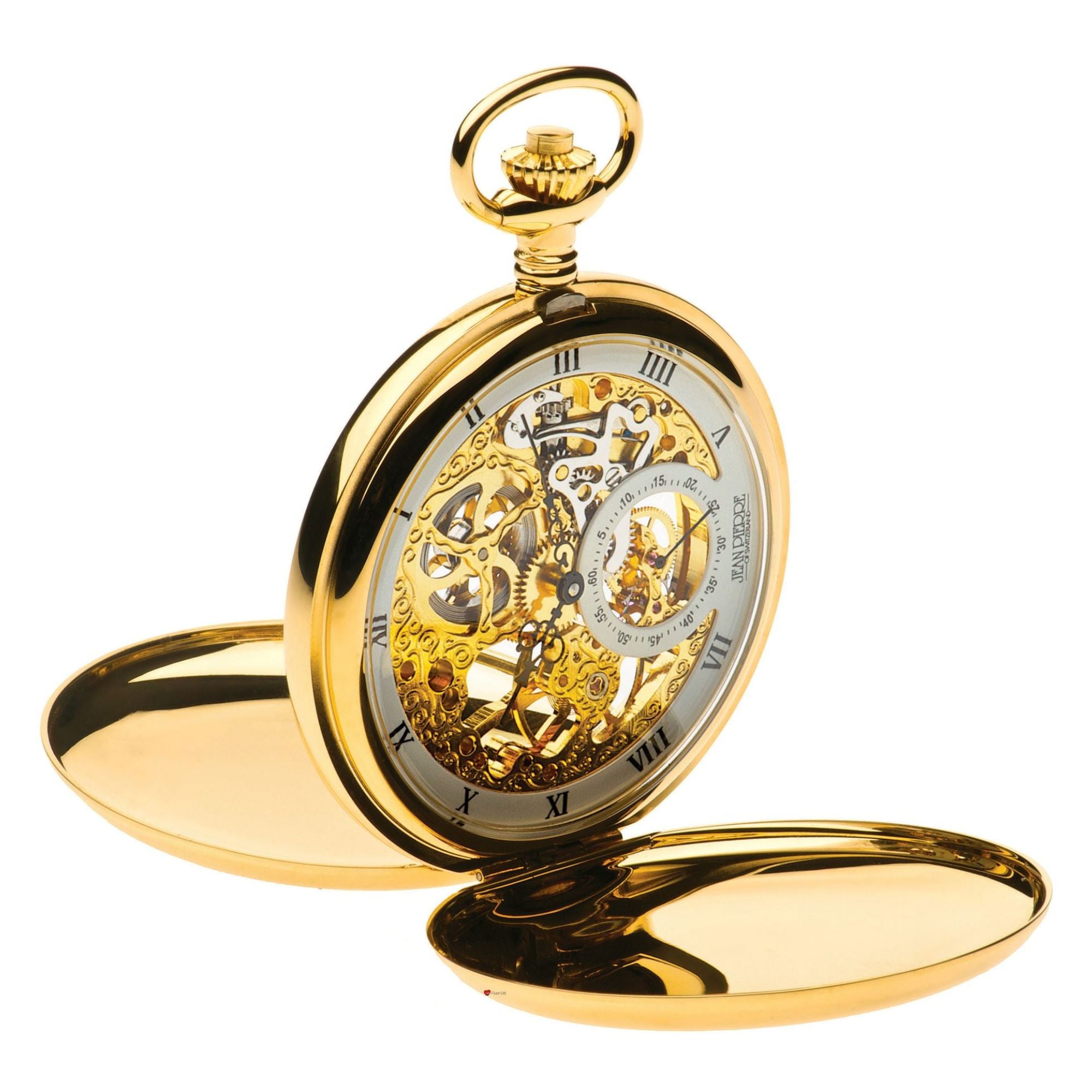 Gold pocket watch with open face on a white background