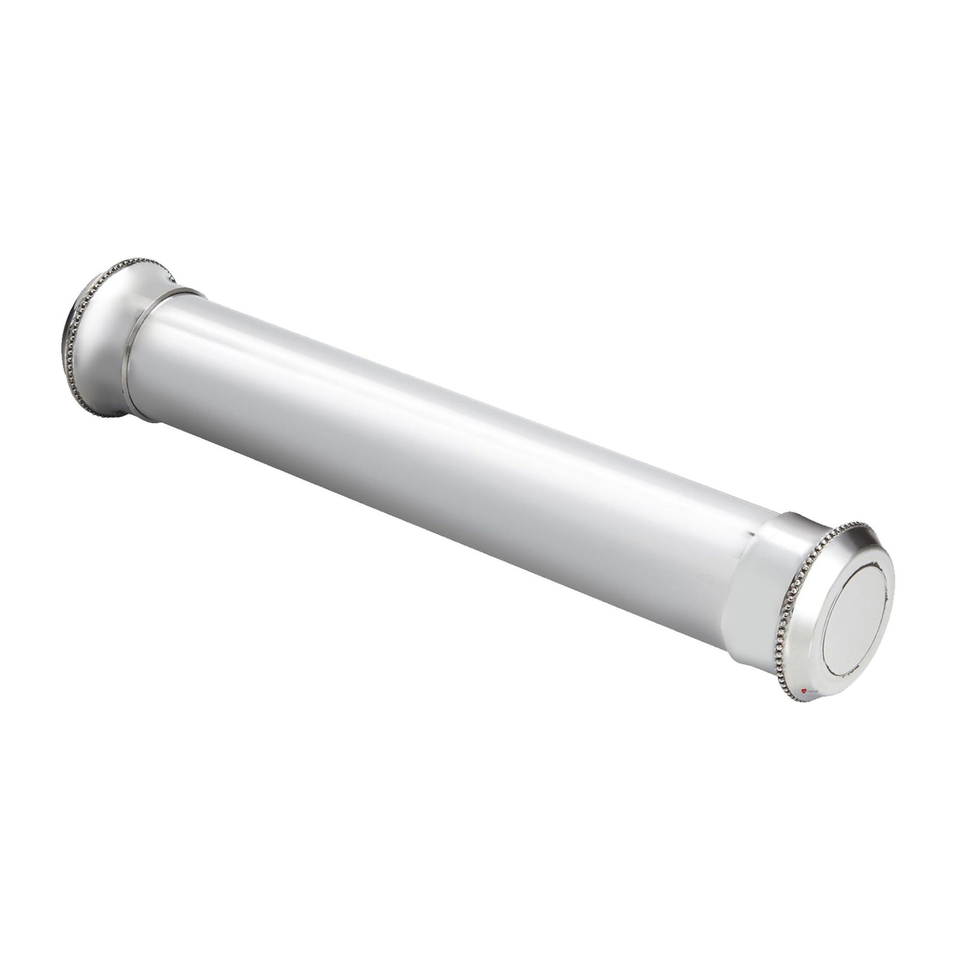 White cylindrical object with metallic accents on a white background