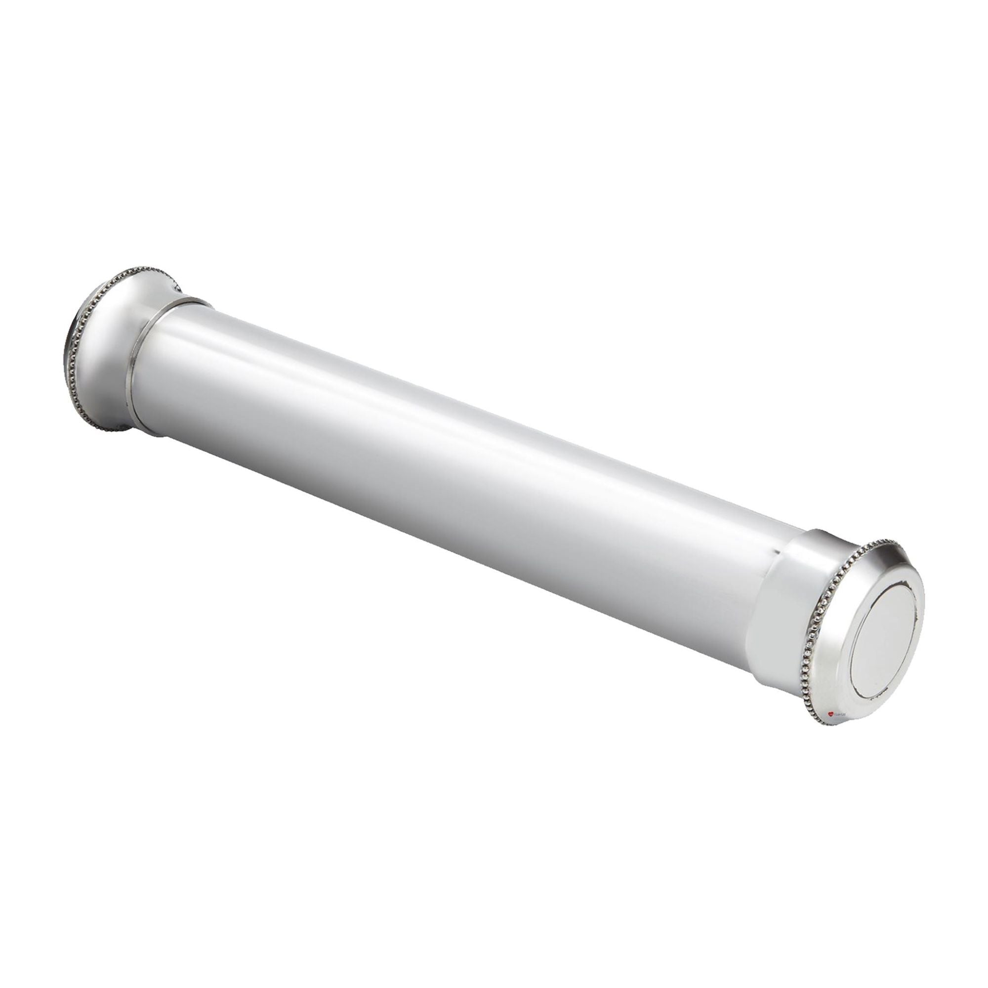 White cylindrical object with metallic accents on a white background