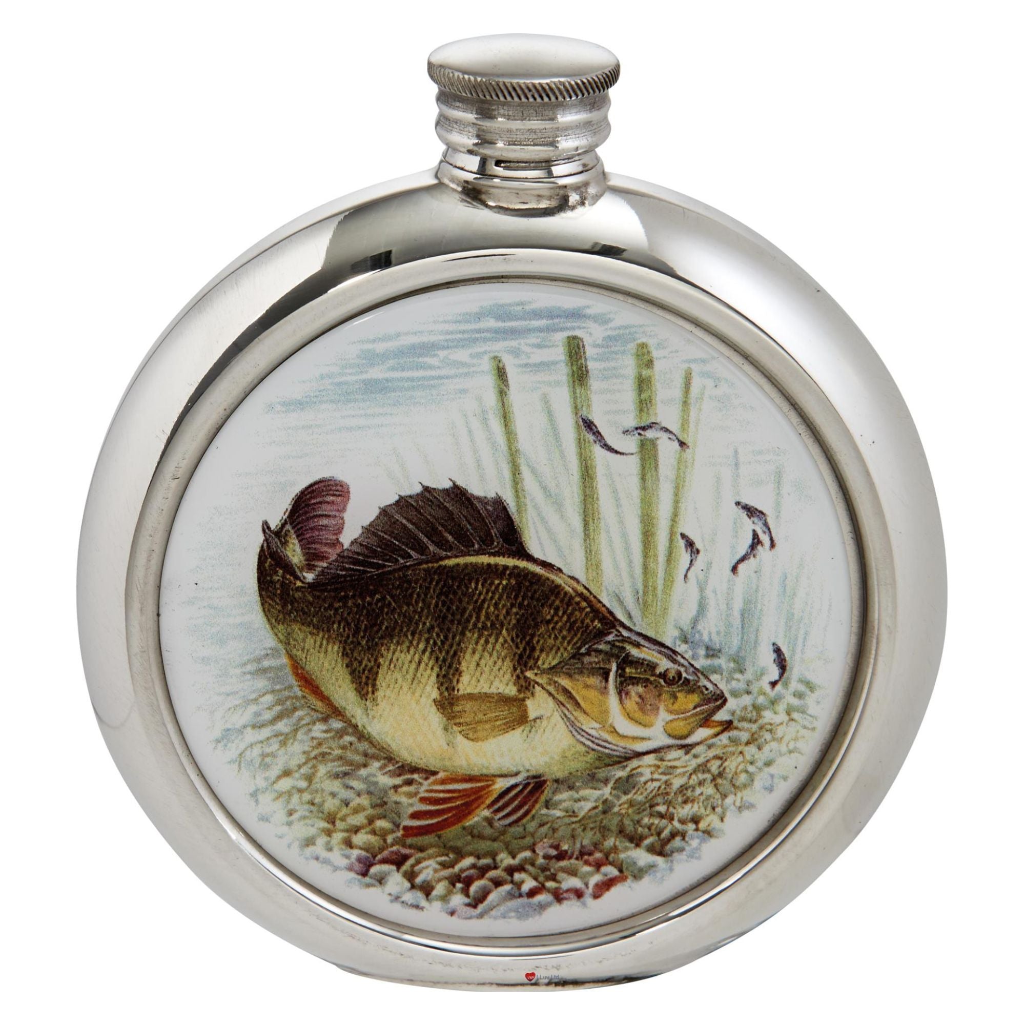 Round 6oz Pewter Flask with Unique Colour Picture Perch Bright Polished Screw