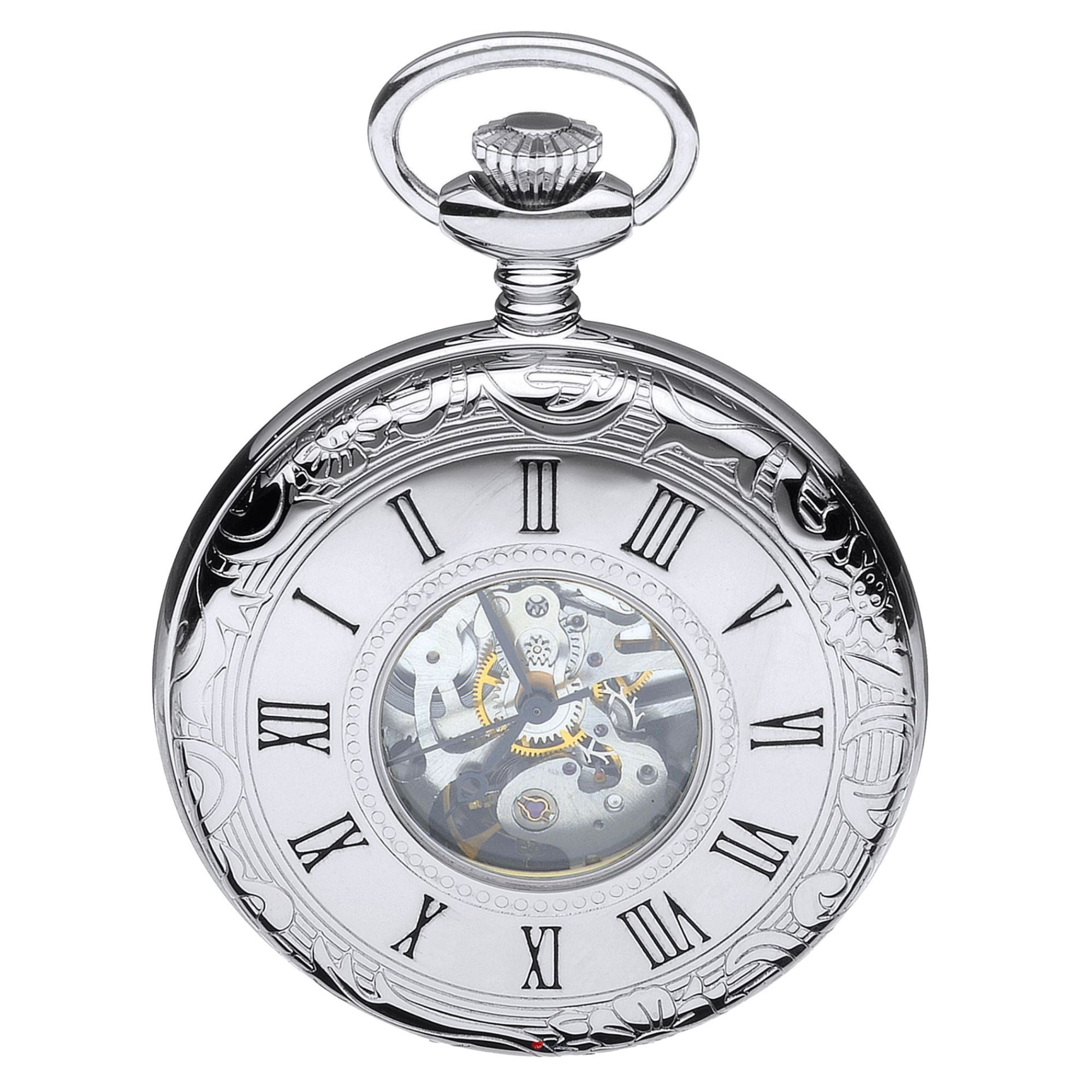 Half Hunter Skeleton Pocket Watch Chromed Polished Back 17 Jewel