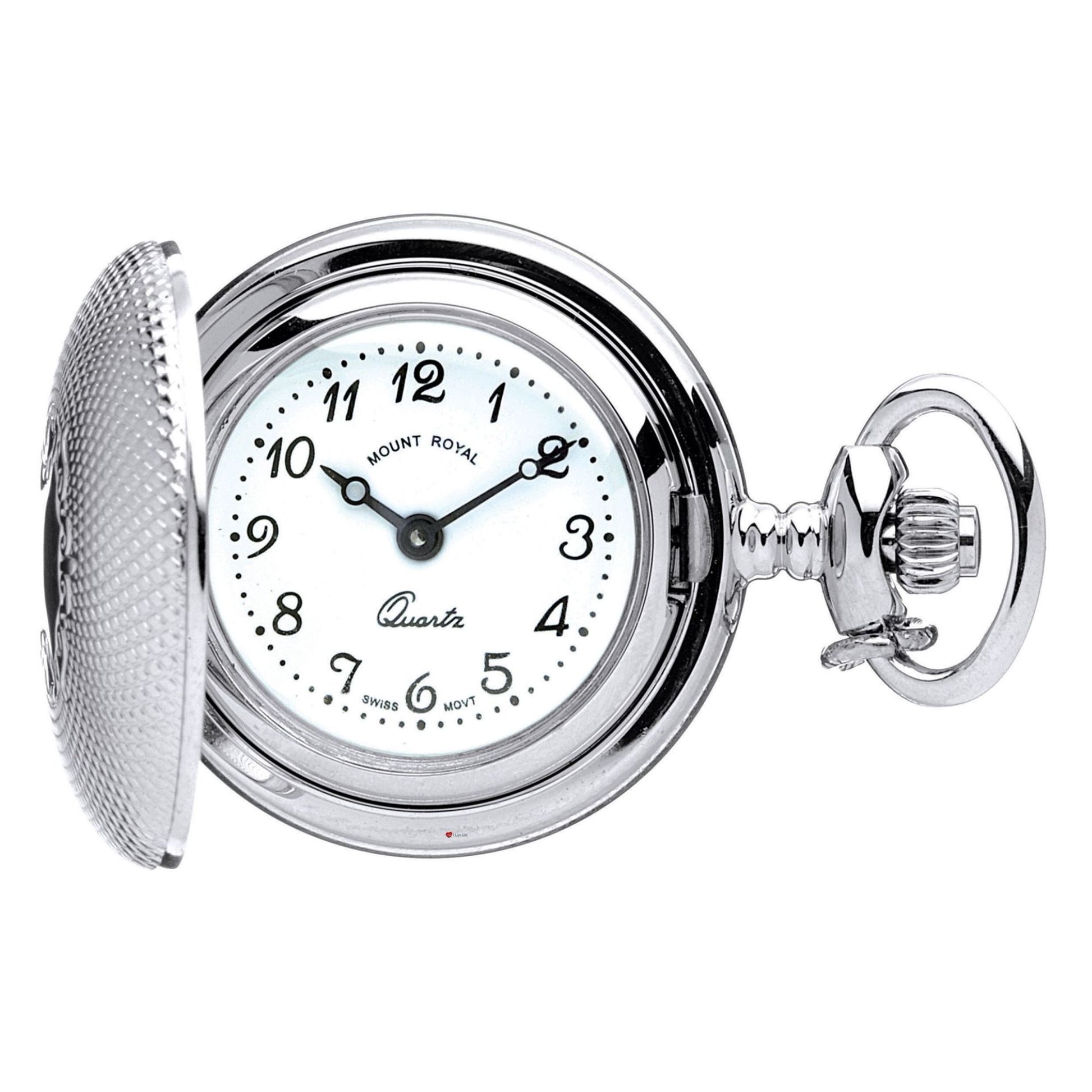 Silver pocket watch with white face on a white background