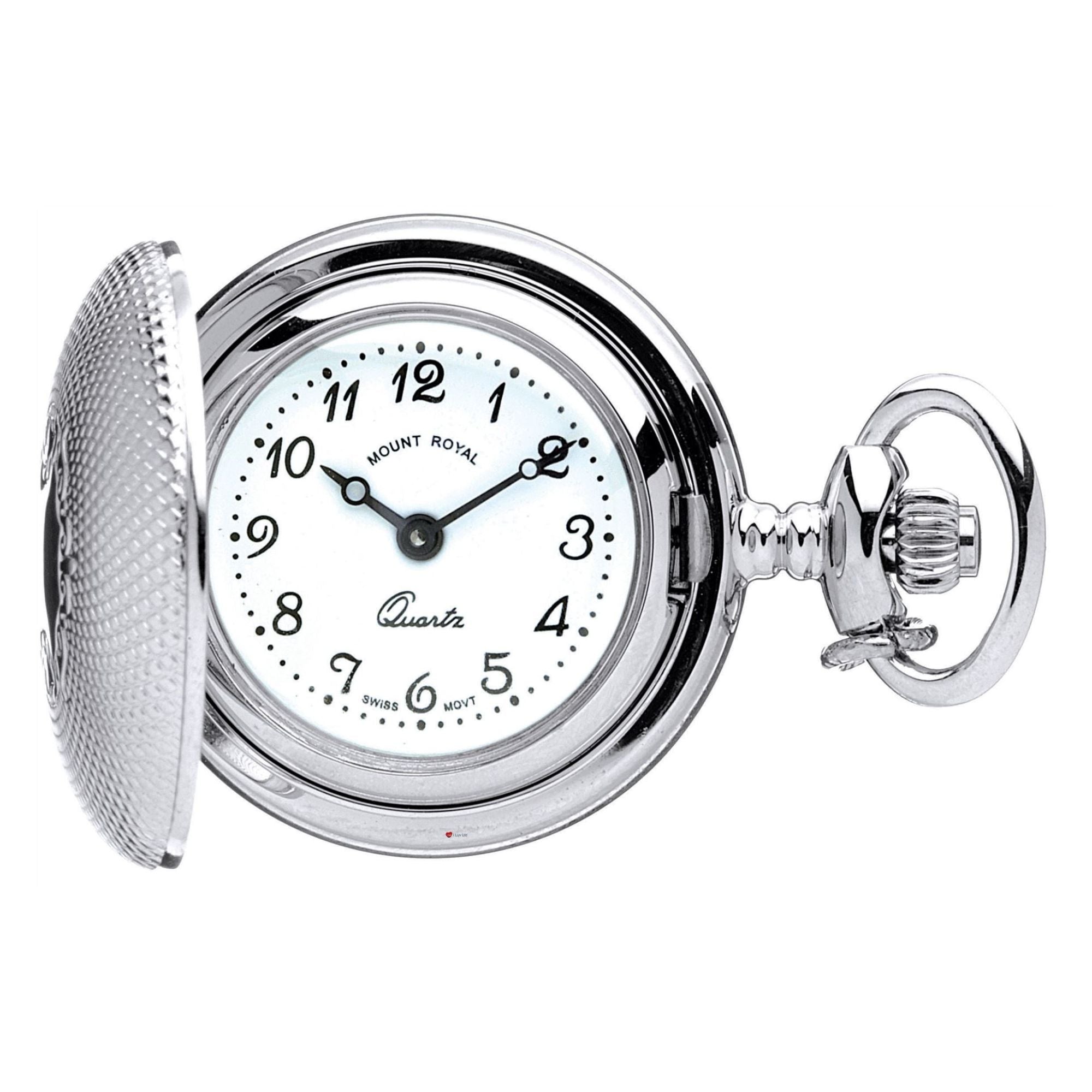 Silver pocket watch with white face on a white background