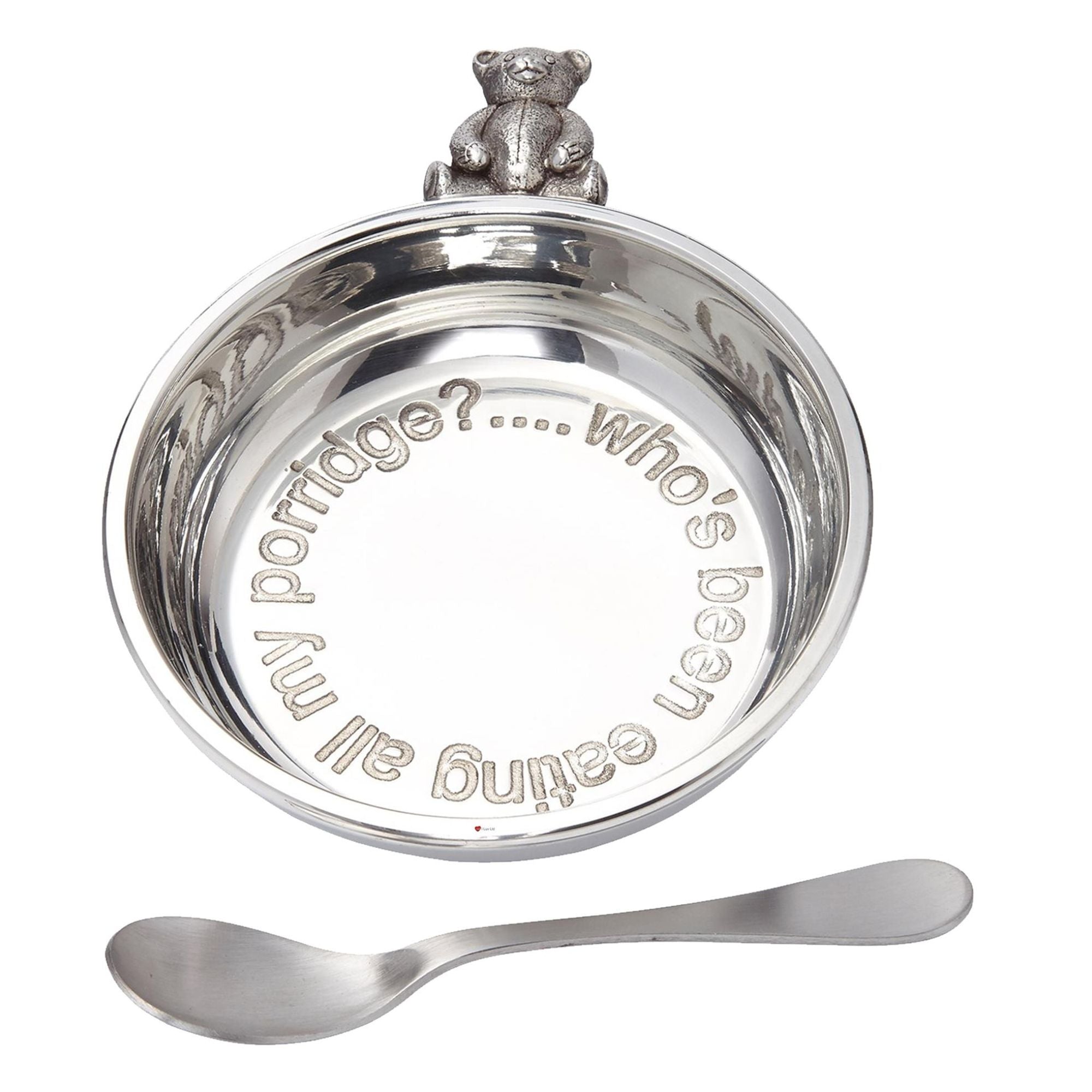 Silver porridge bowl with a bear handle and spoon on a white background