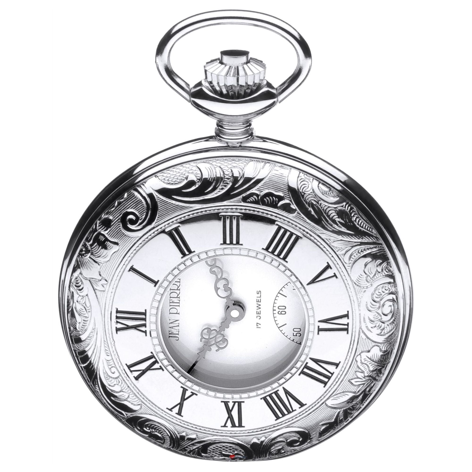 Pocket Watch Ornate Half Hunter 17 Jewel Mechanical Chrome