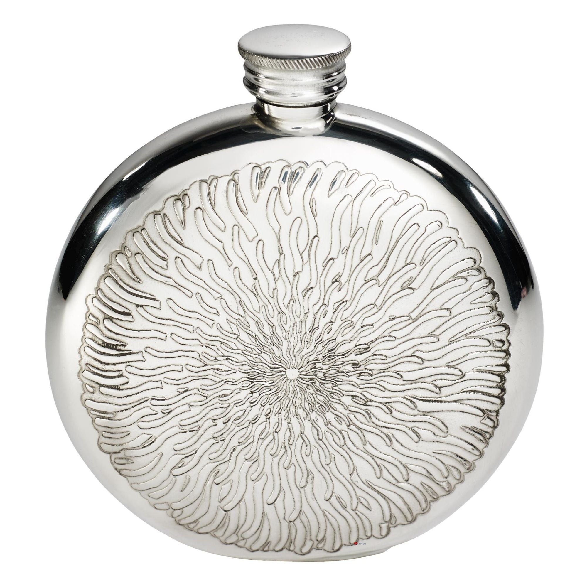 Silver flask with intricate design on a white background