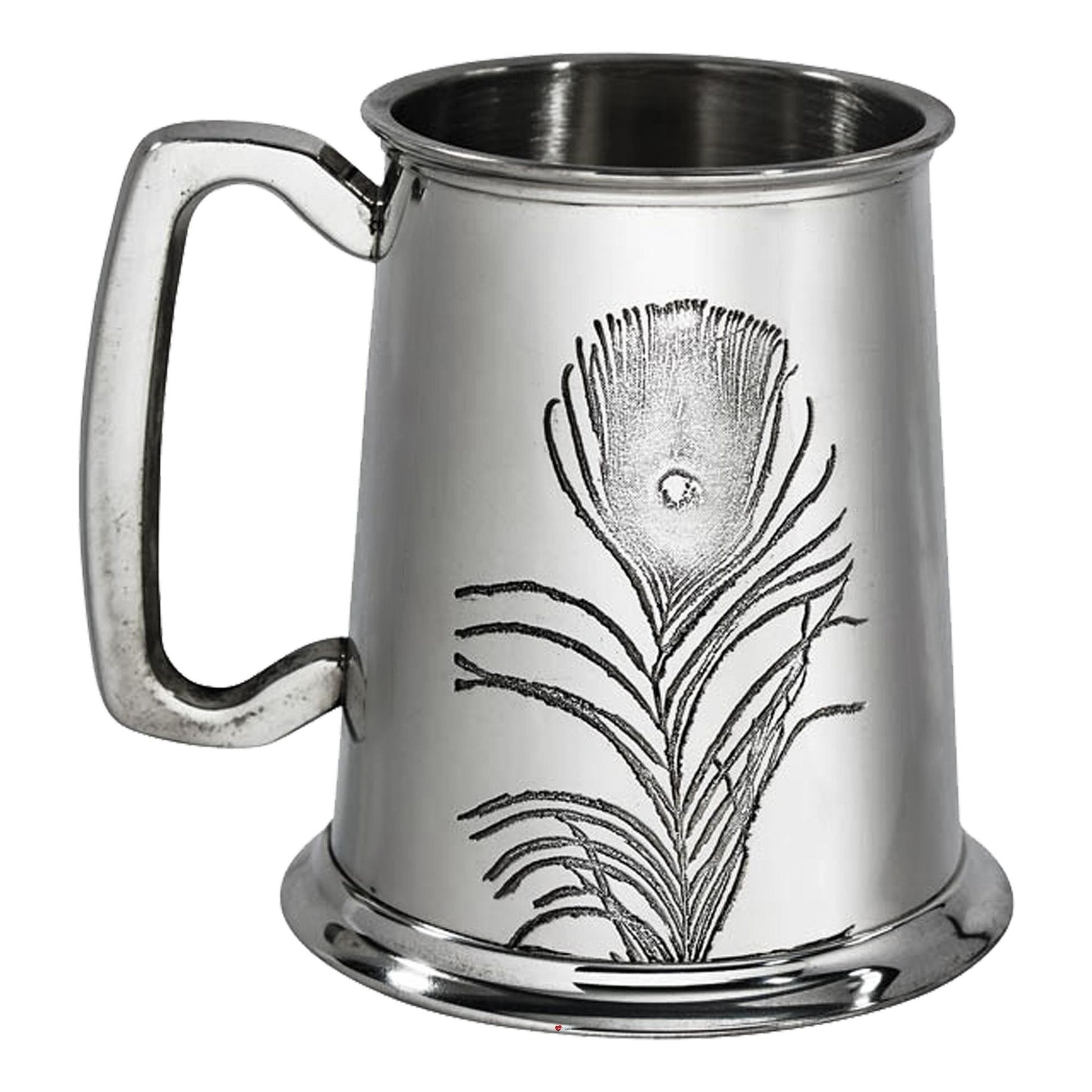 Silver tankard with peacock feather design on a white background