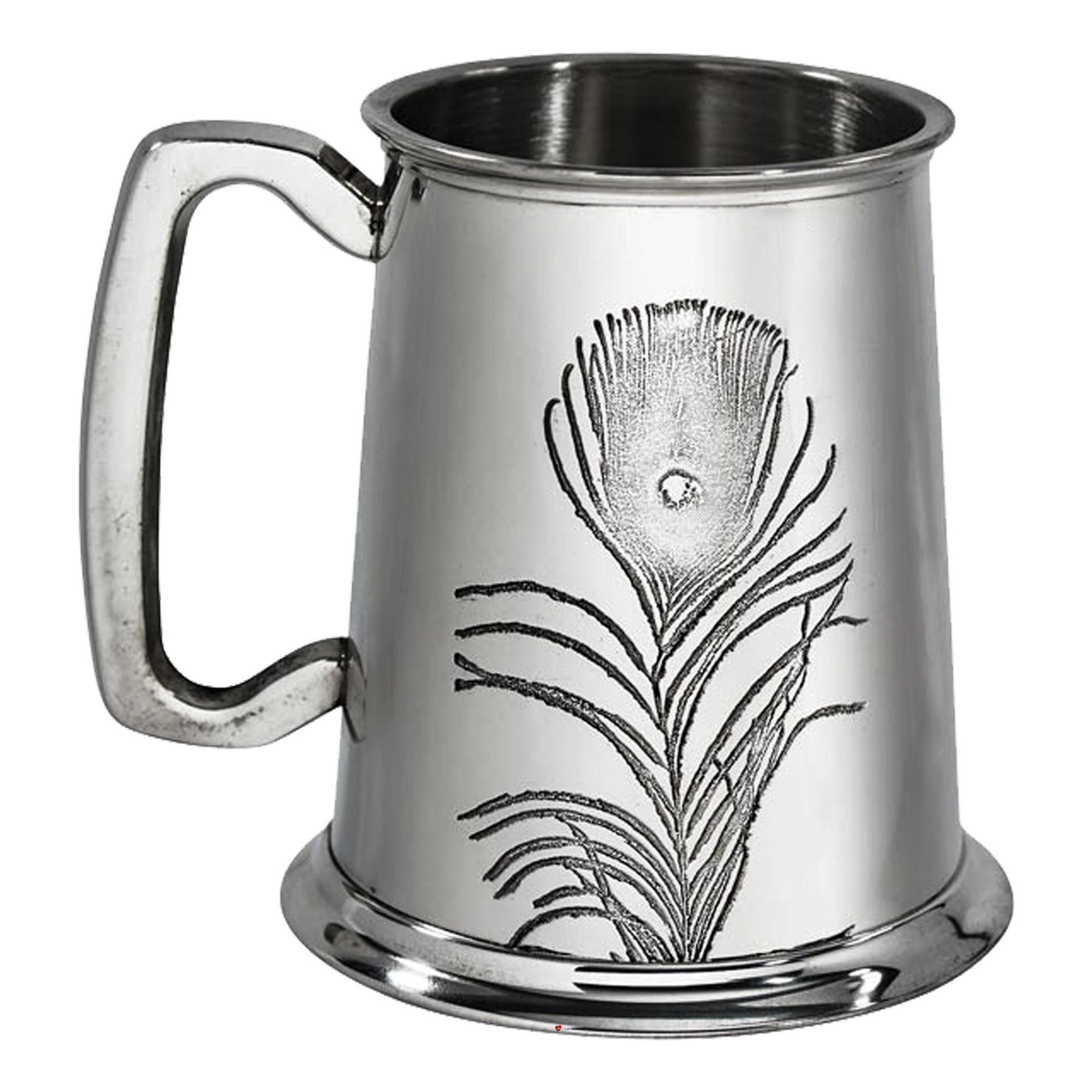 Silver tankard with peacock feather design on a white background