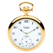Gold pocket watch with white face on a white background