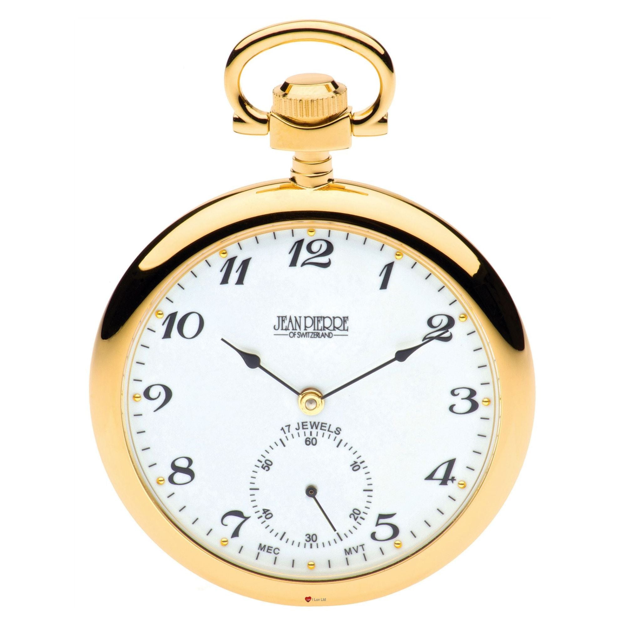 Gold pocket watch with white face on a white background