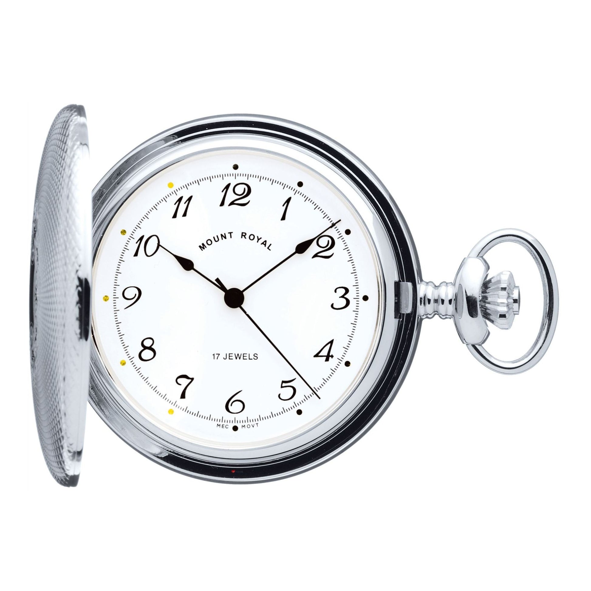 Silver pocket watch with white face on a white background