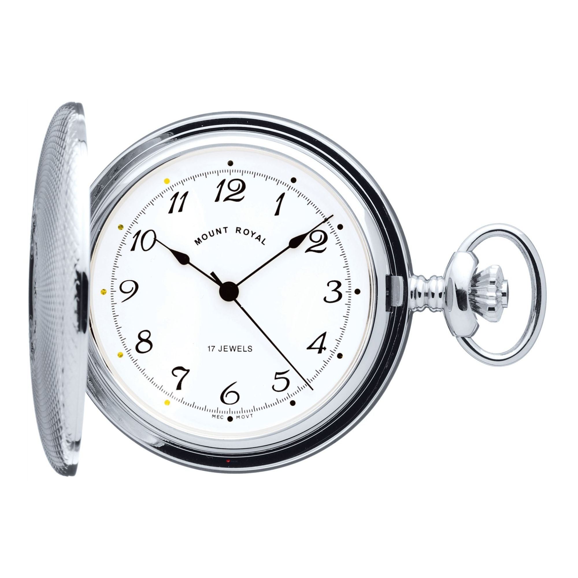 Silver pocket watch with white face on a white background