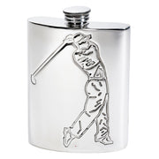 Silver flask with a golf player design on a white background