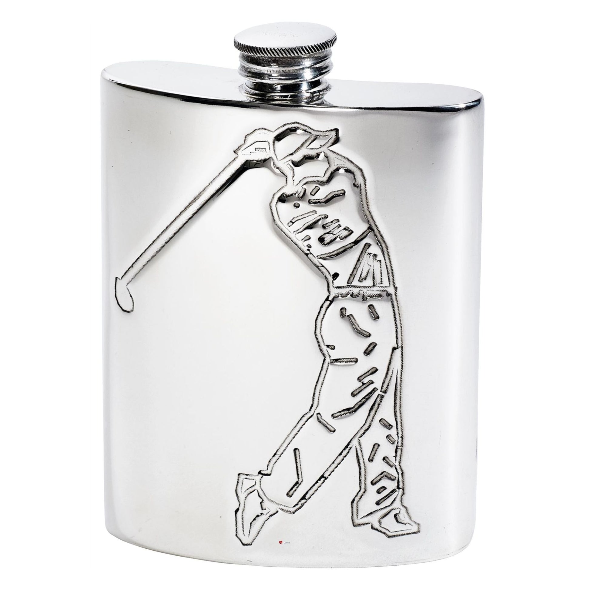 Silver flask with a golf player design on a white background