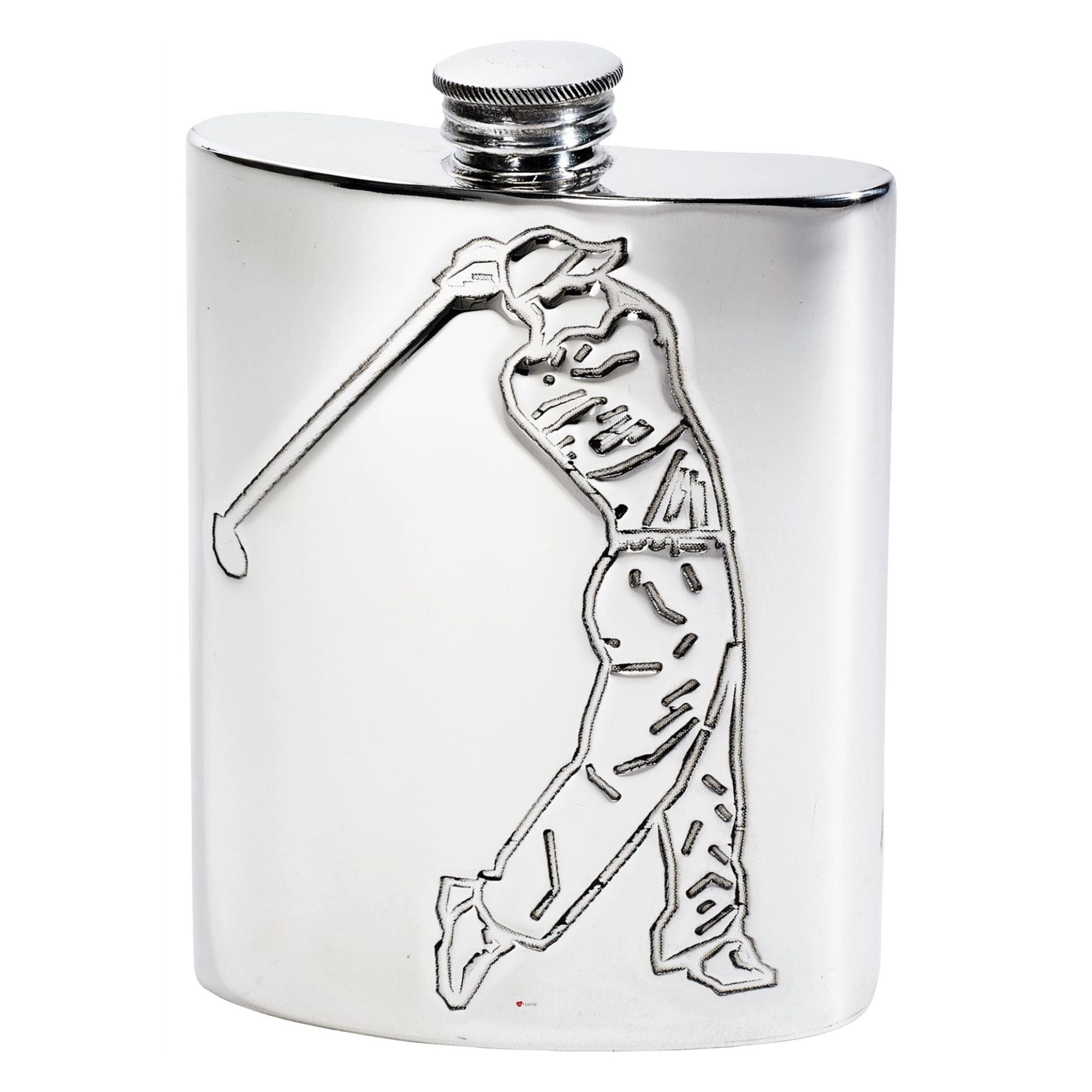 Silver flask with a golf player design on a white background