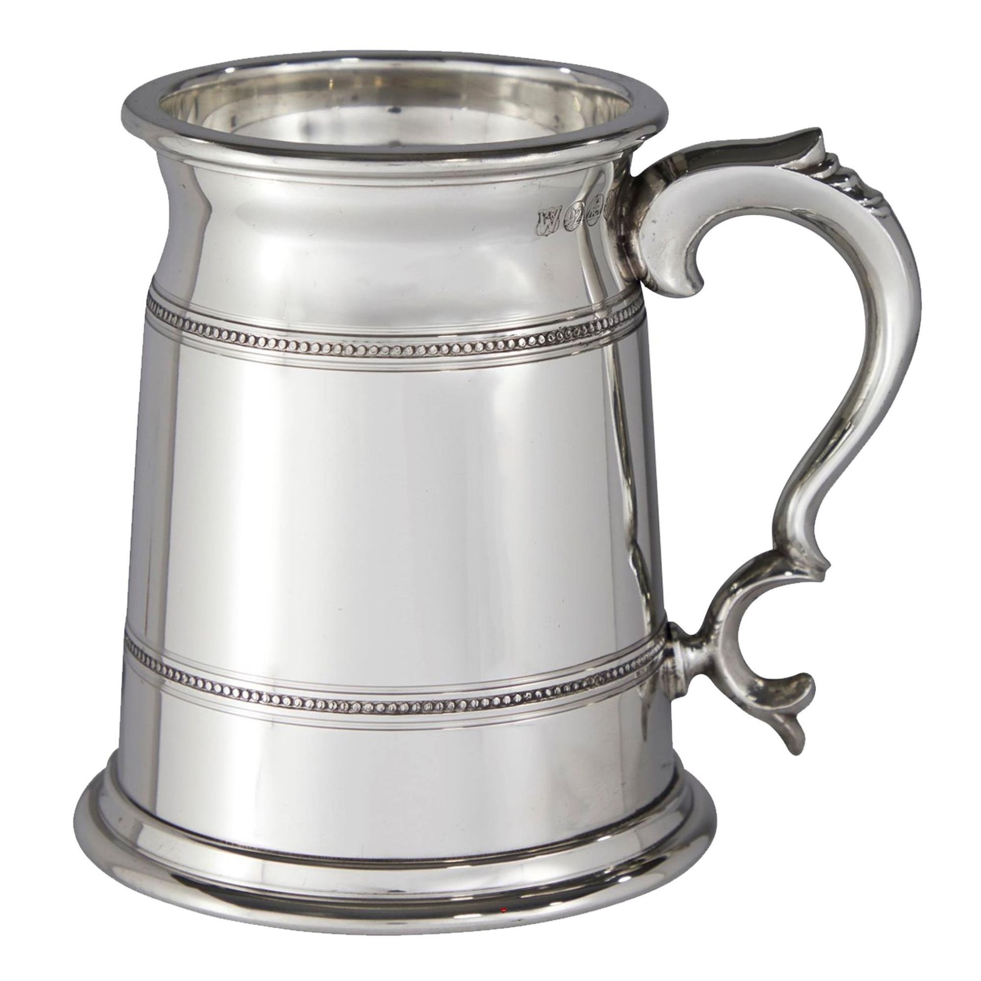 Silver tankard with decorative handle on a white background