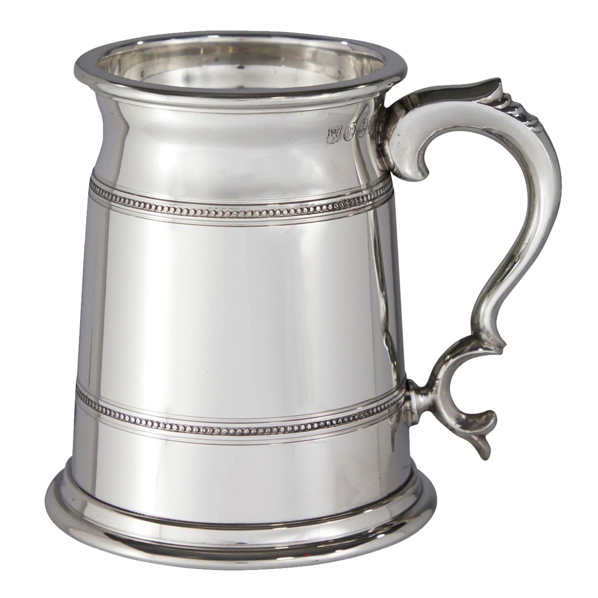 Silver tankard with decorative handle on a white background