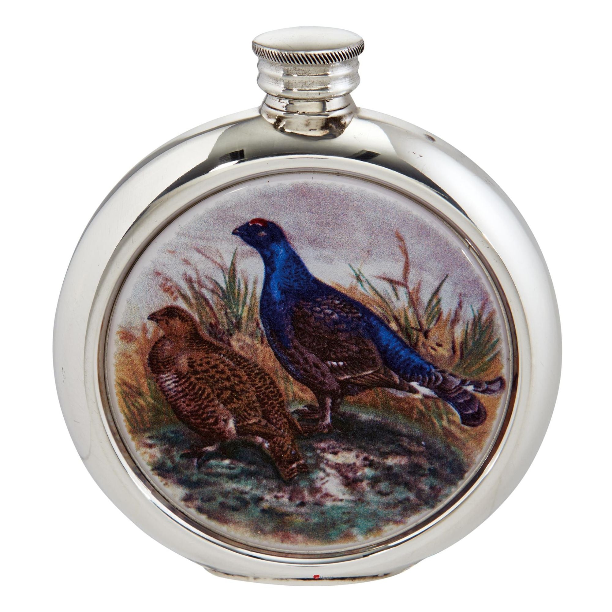 Silver flask with a design of two birds on a white background