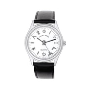 Wristwatch with black strap and white dial on a white background
