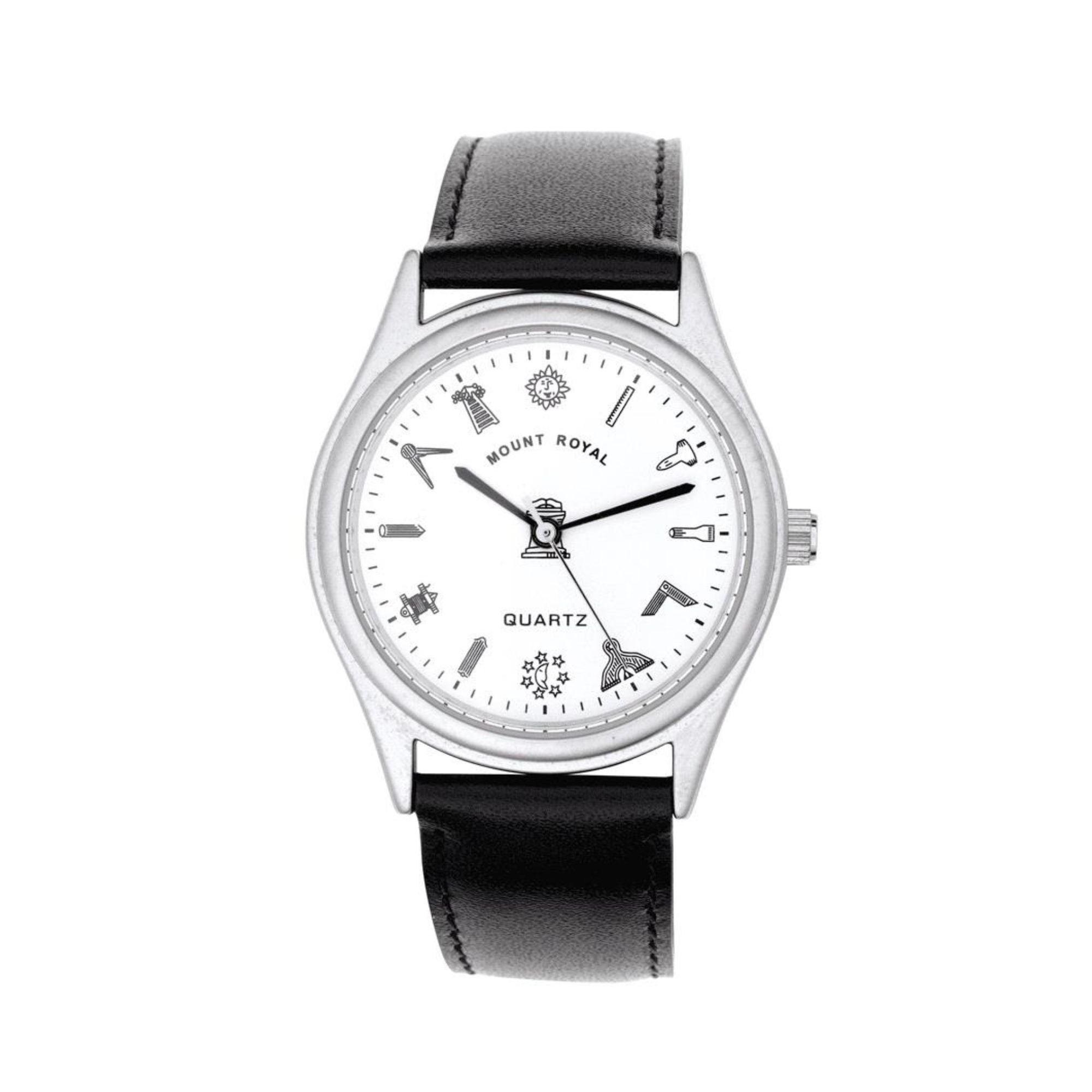 Wristwatch with black strap and white dial on a white background
