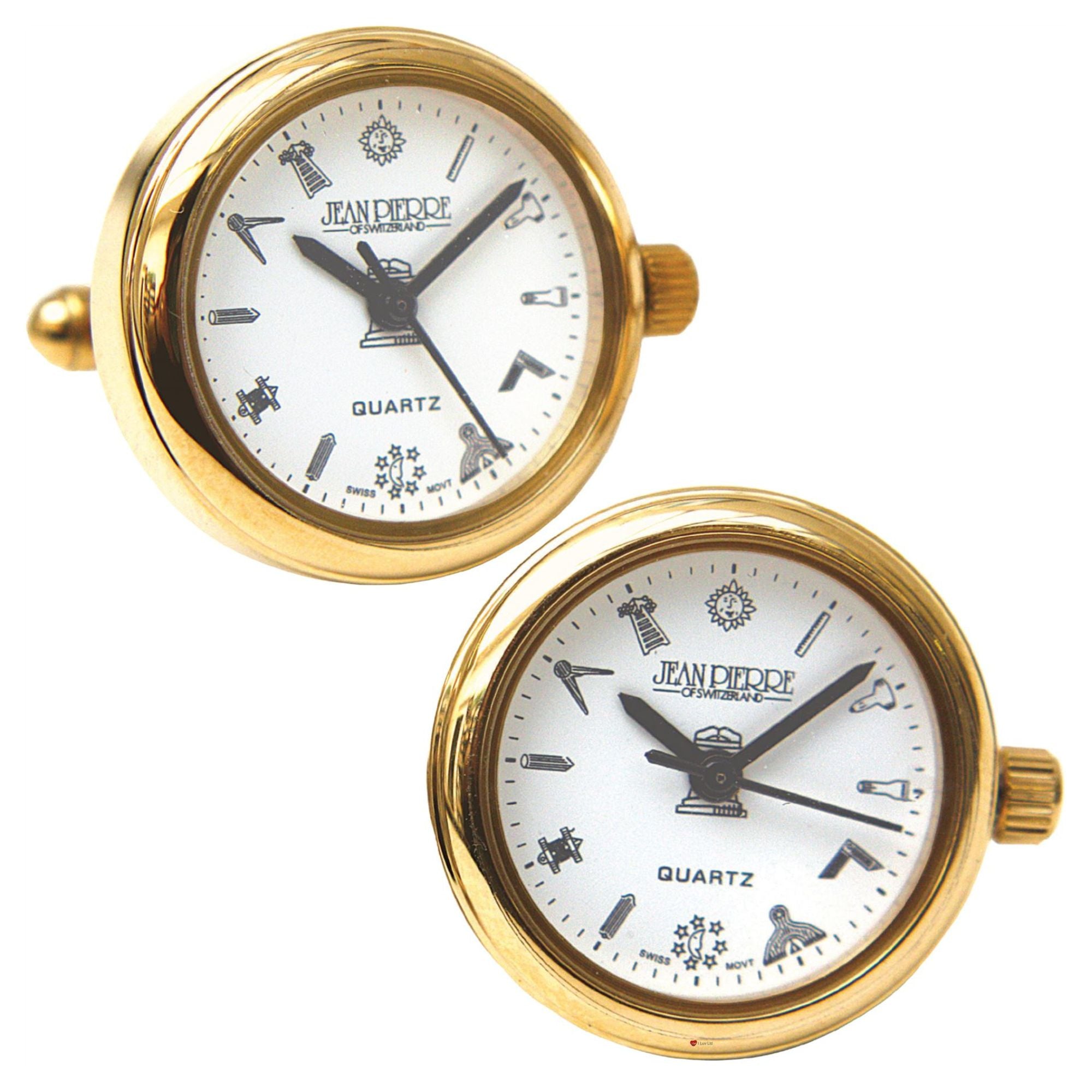 Two gold wristwatches with white faces on a white background