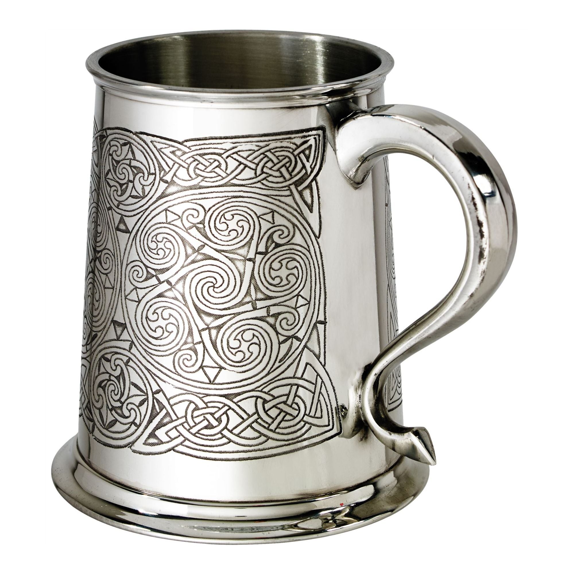 Silver tankard with intricate Celtic knot design on a white background